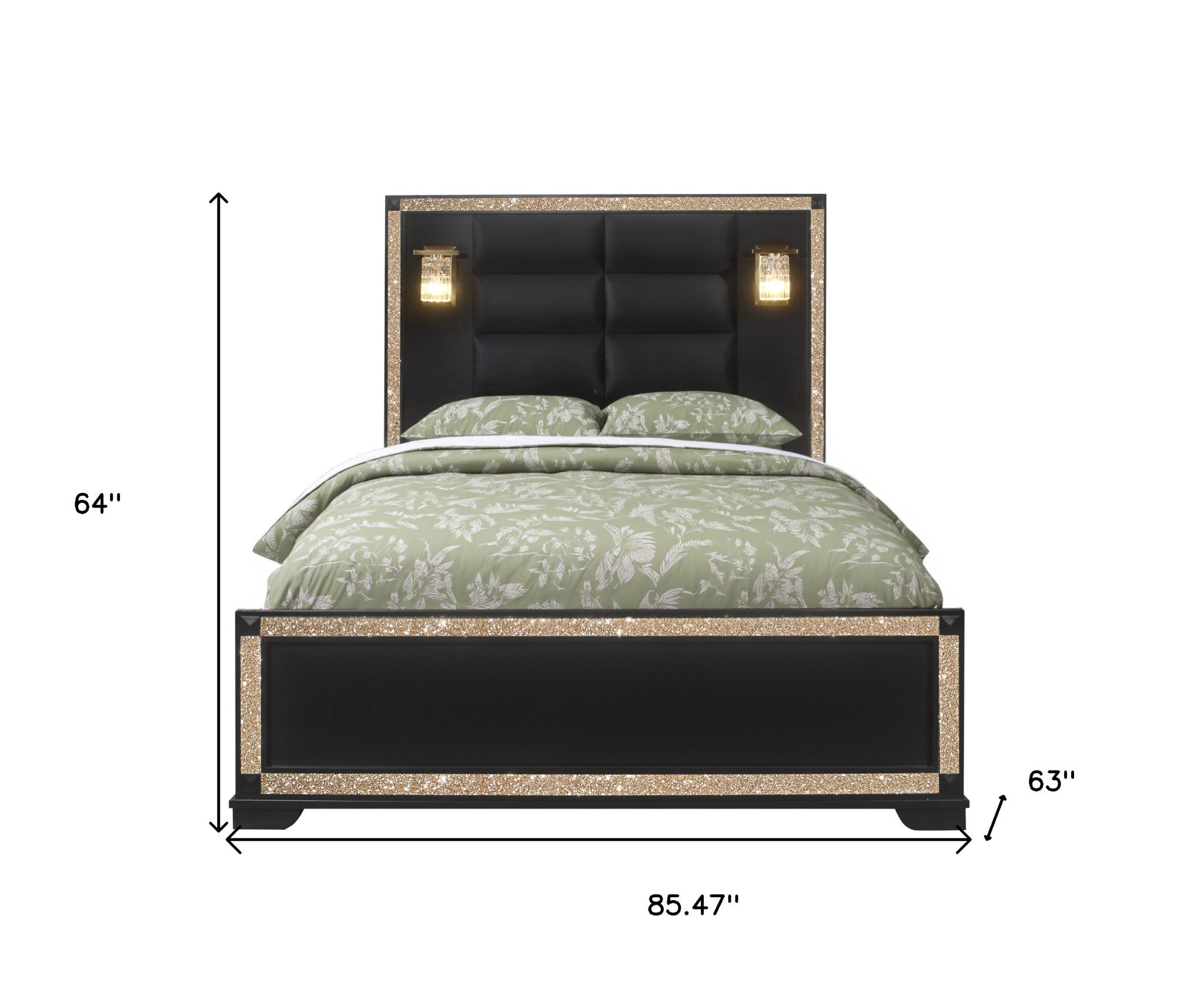 Black Faux Crystal Bling Wood And Upholstery Lighted Queen Bed Frame