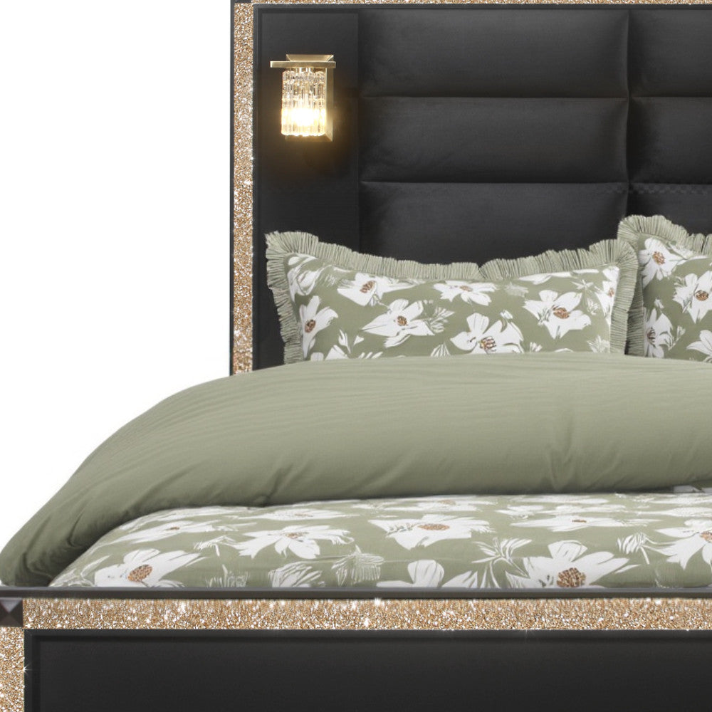 Black Faux Crystal Bling Wood And Upholstery Lighted Queen Bed Frame