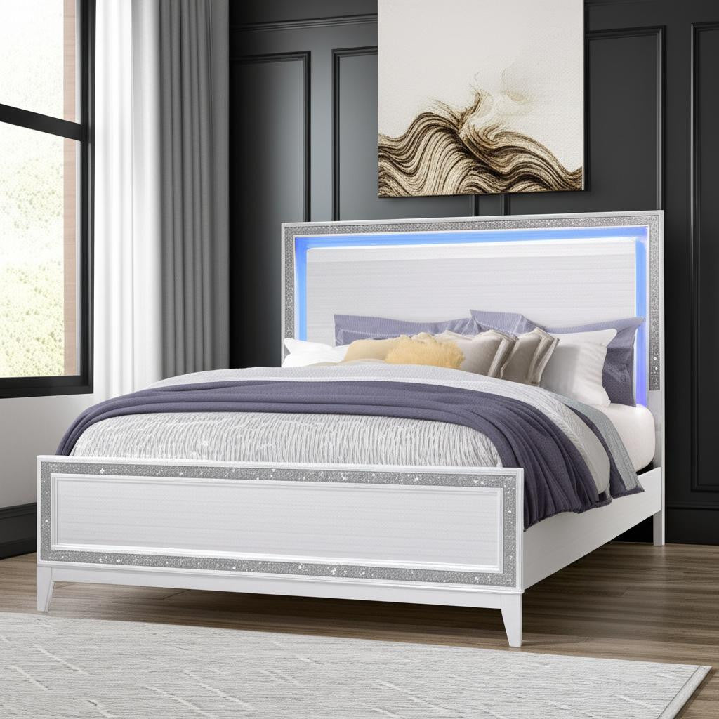 Silver and White Faux Crystal Bling Wood Lighted Full Bed Frame