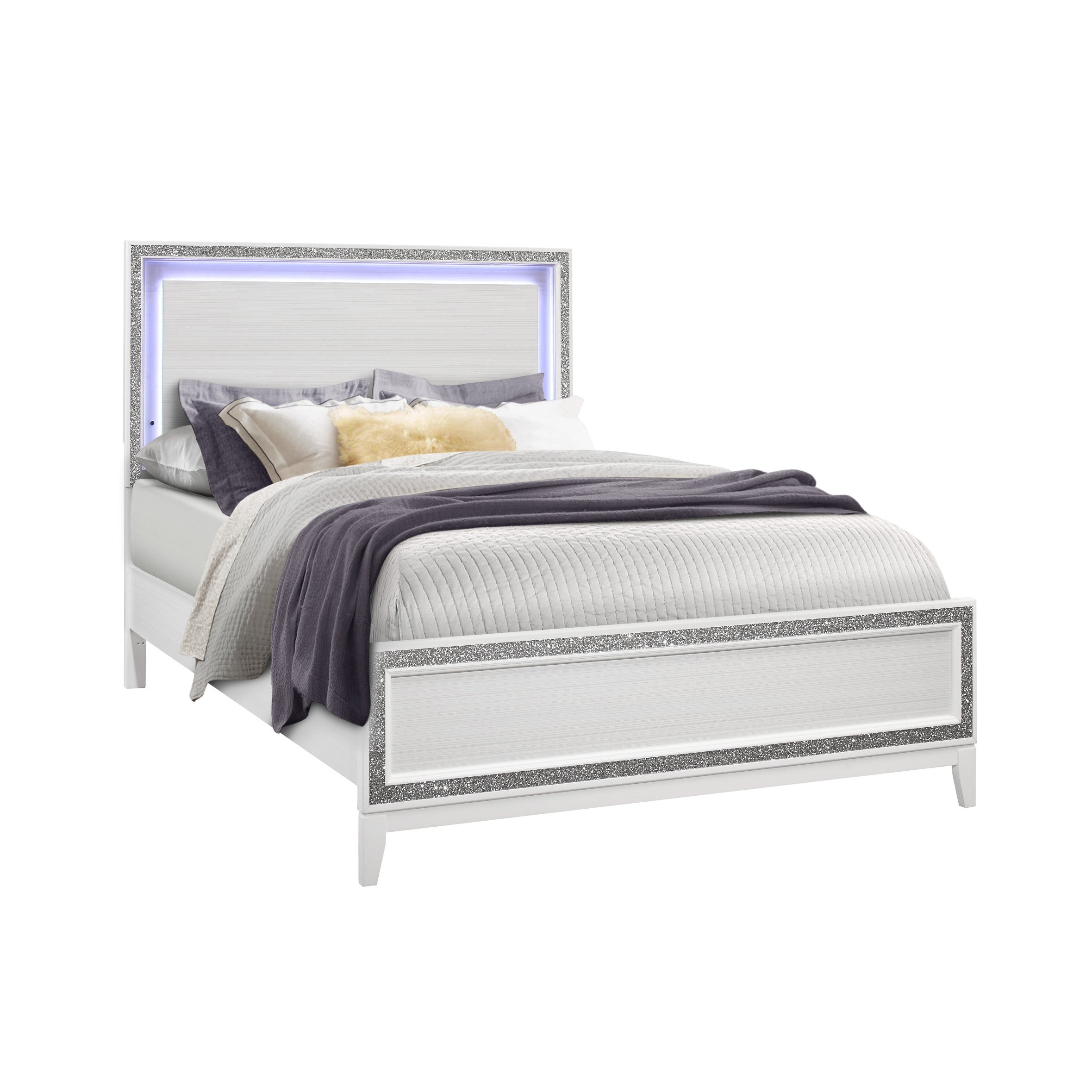 Silver and White Faux Crystal Bling Wood Lighted Full Bed Frame