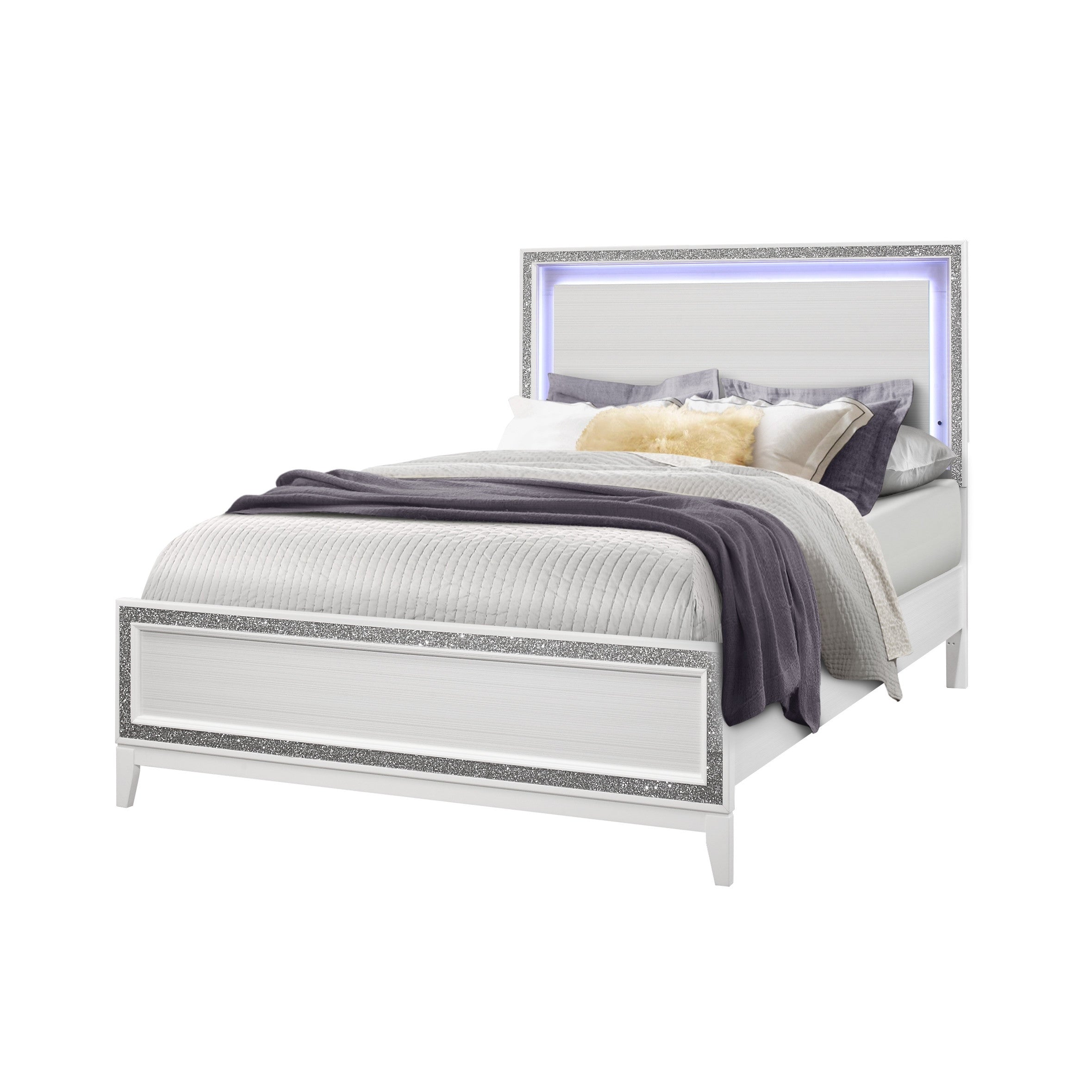 Silver and White Faux Crystal Bling Wood Lighted Full Bed Frame