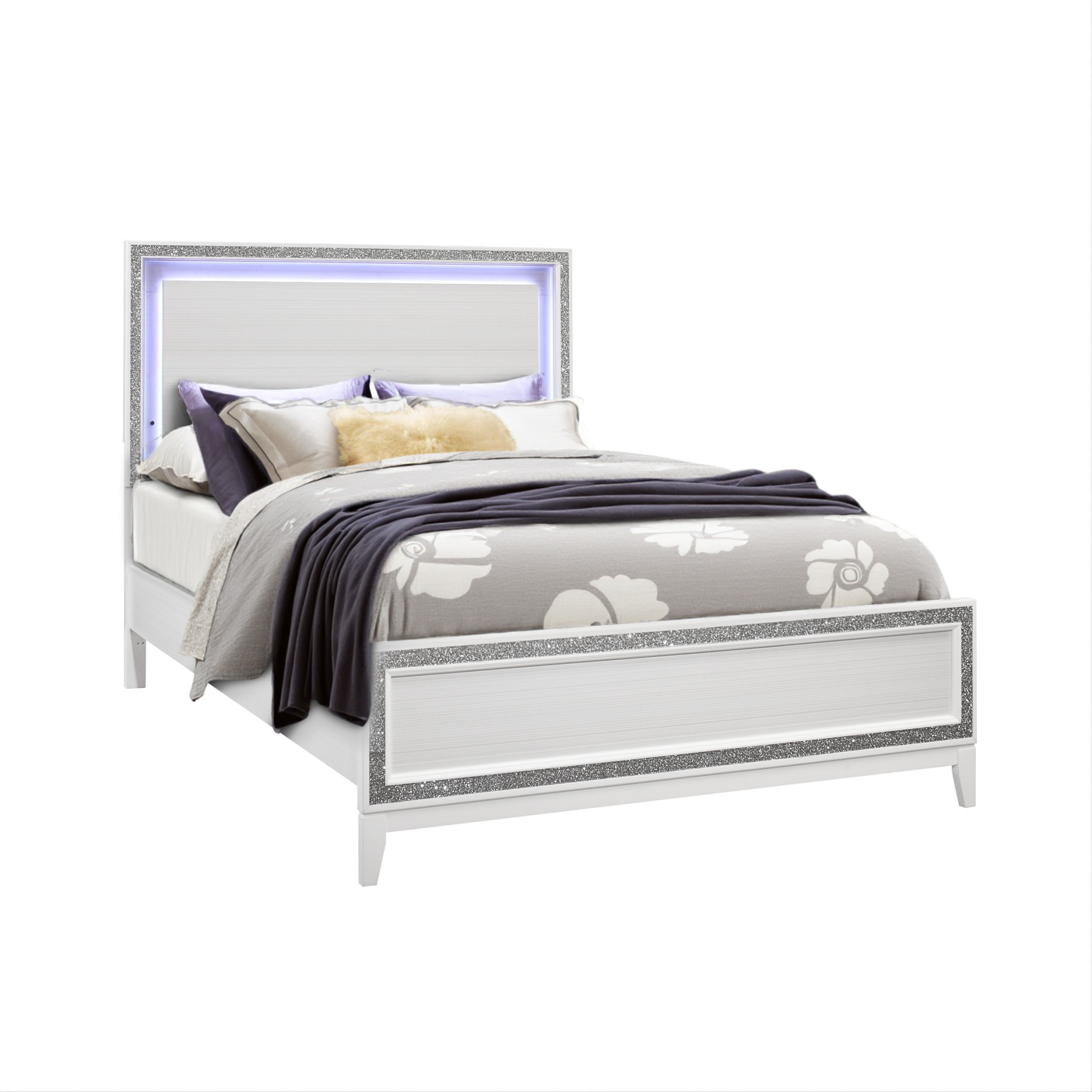 White Faux Crystal Bling Lighted Queen Bed Frame