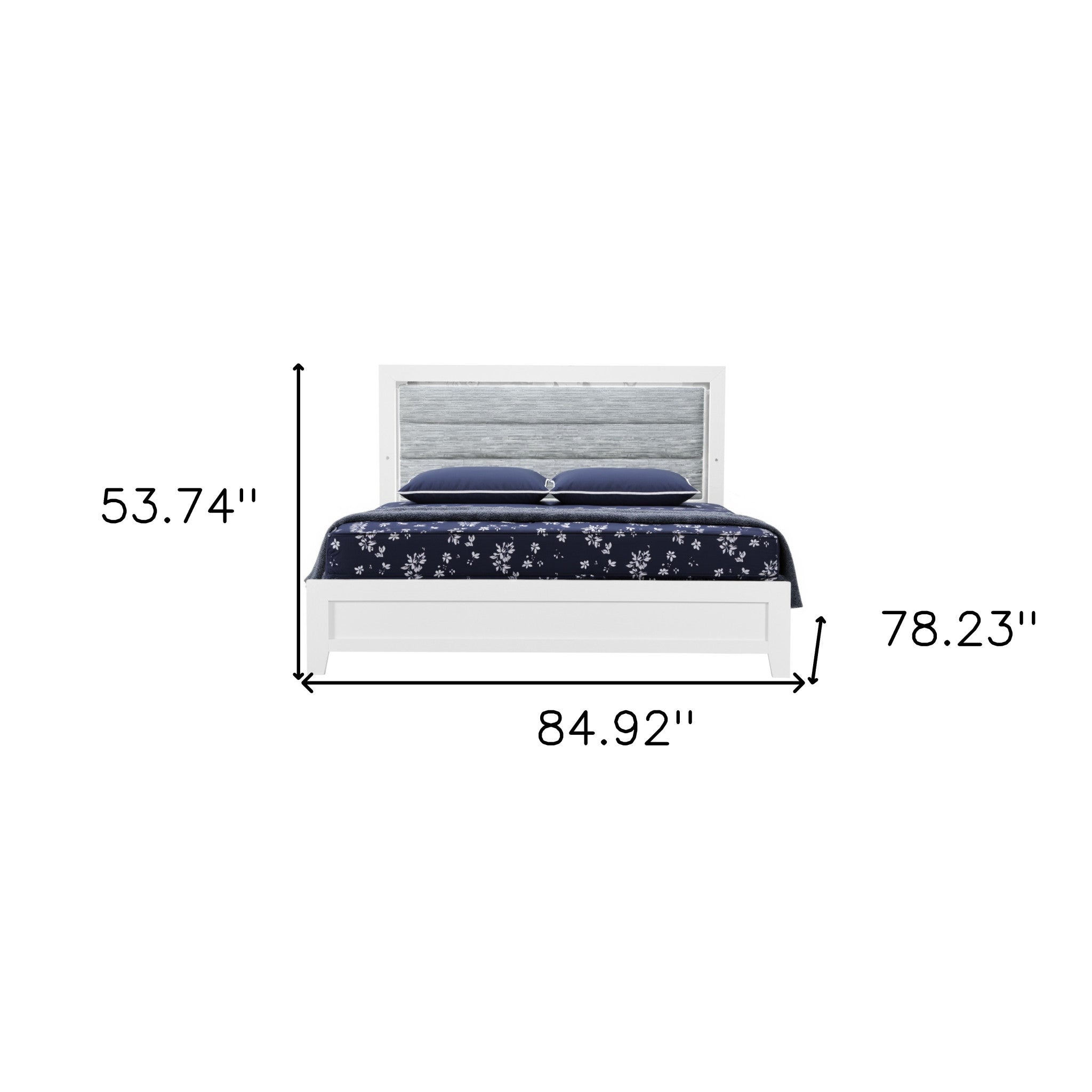 White and Light Gray Ribbed Texture Wood And Upholstery Lighted King Bed Frame