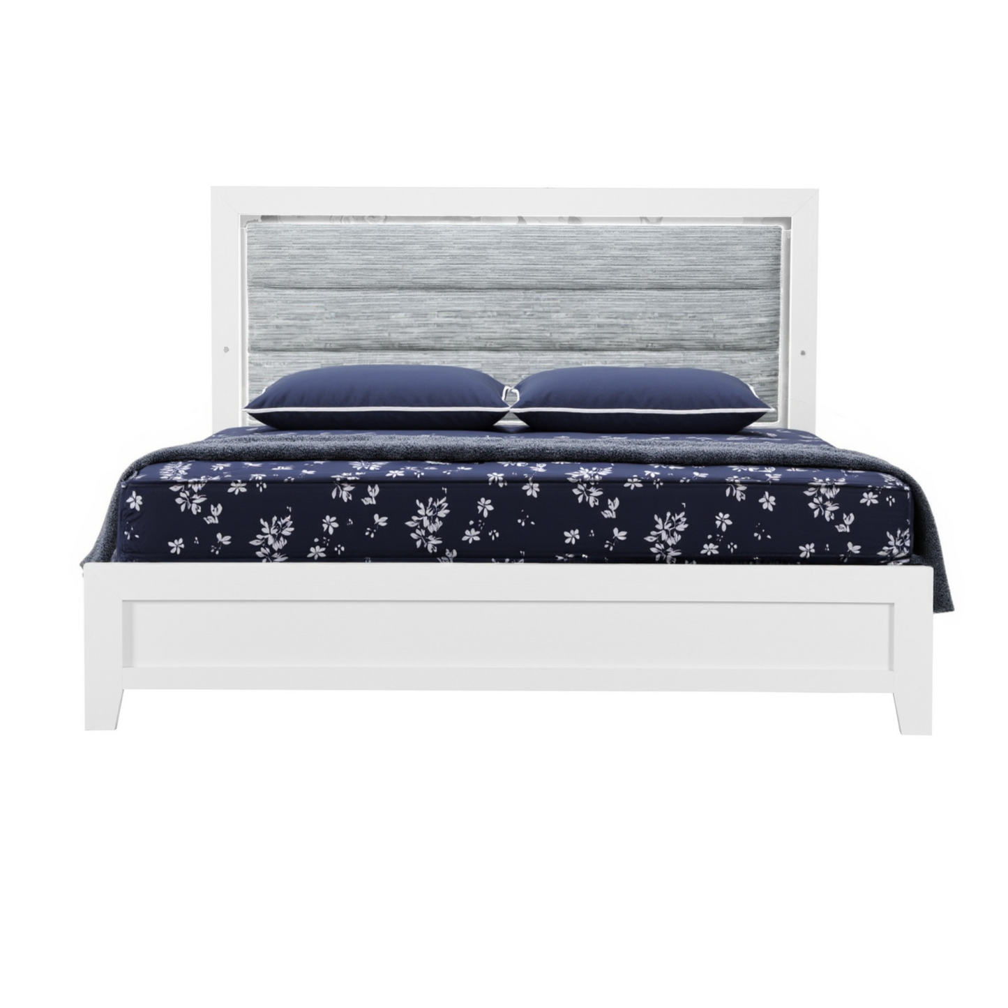 White and Light Gray Ribbed Texture Wood And Upholstery Lighted Queen Bed Frame