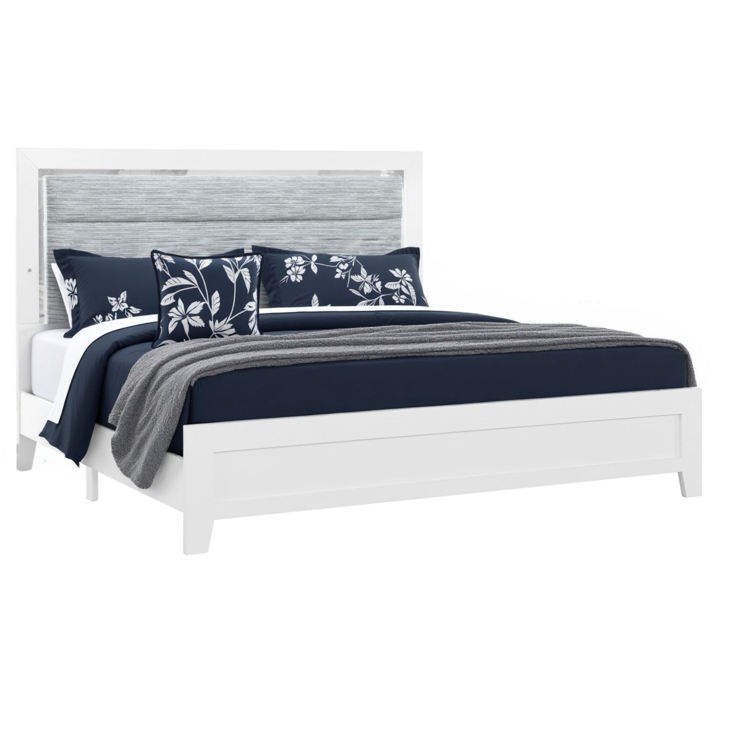 White and Light Gray Ribbed Texture Wood And Upholstery Lighted Queen Bed Frame