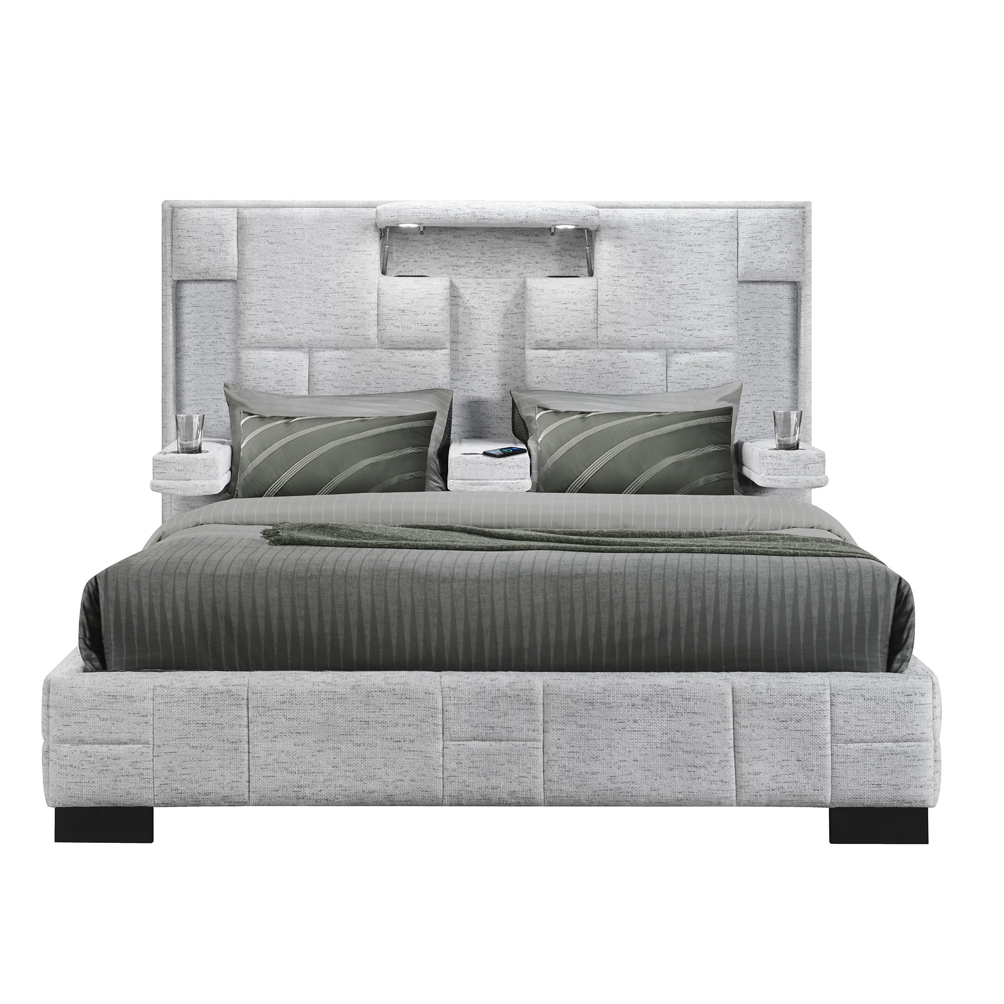 Gray Tufted Upholstery Lighted King Bed Frame