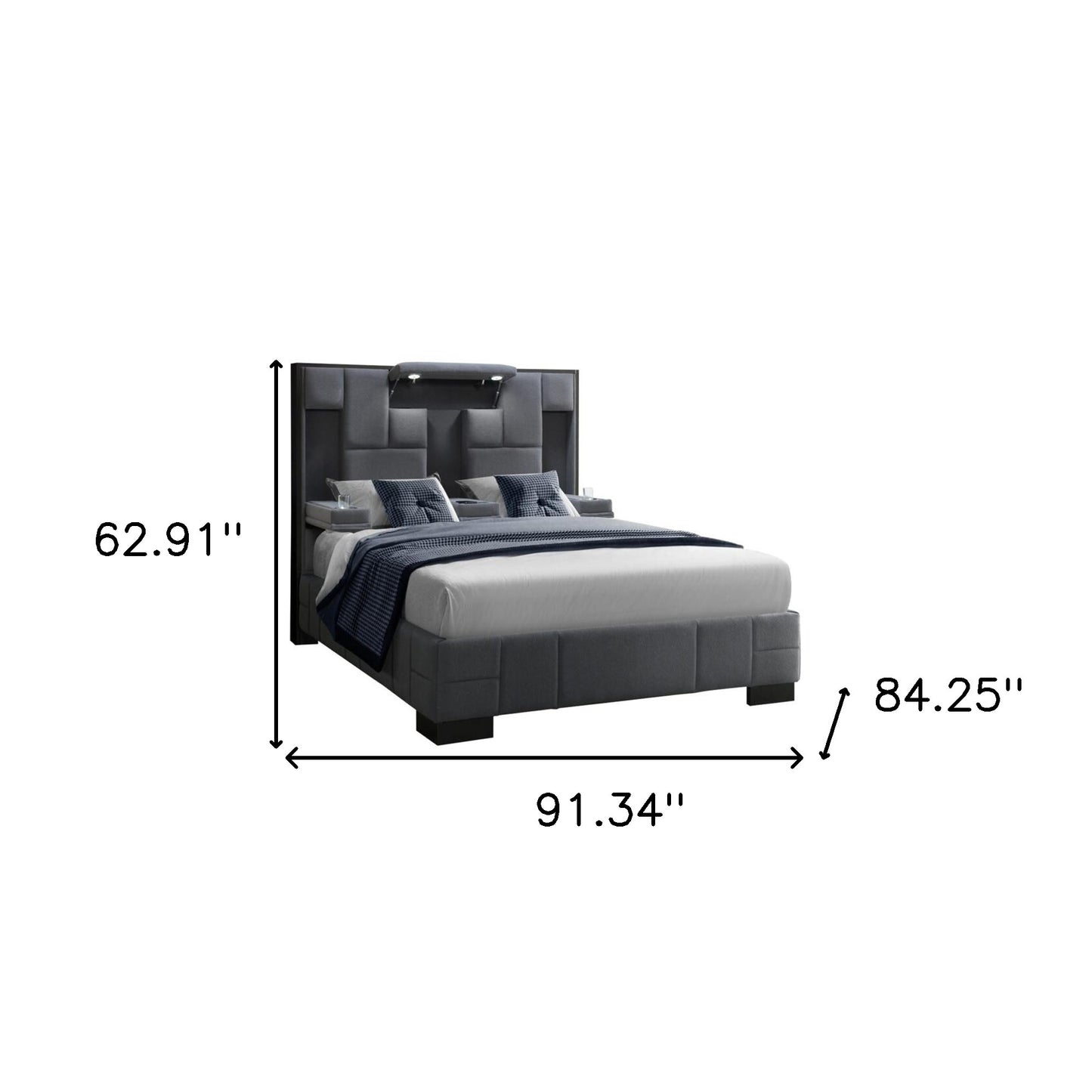 Gray Tufted Upholstery Lighted King Bed Frame