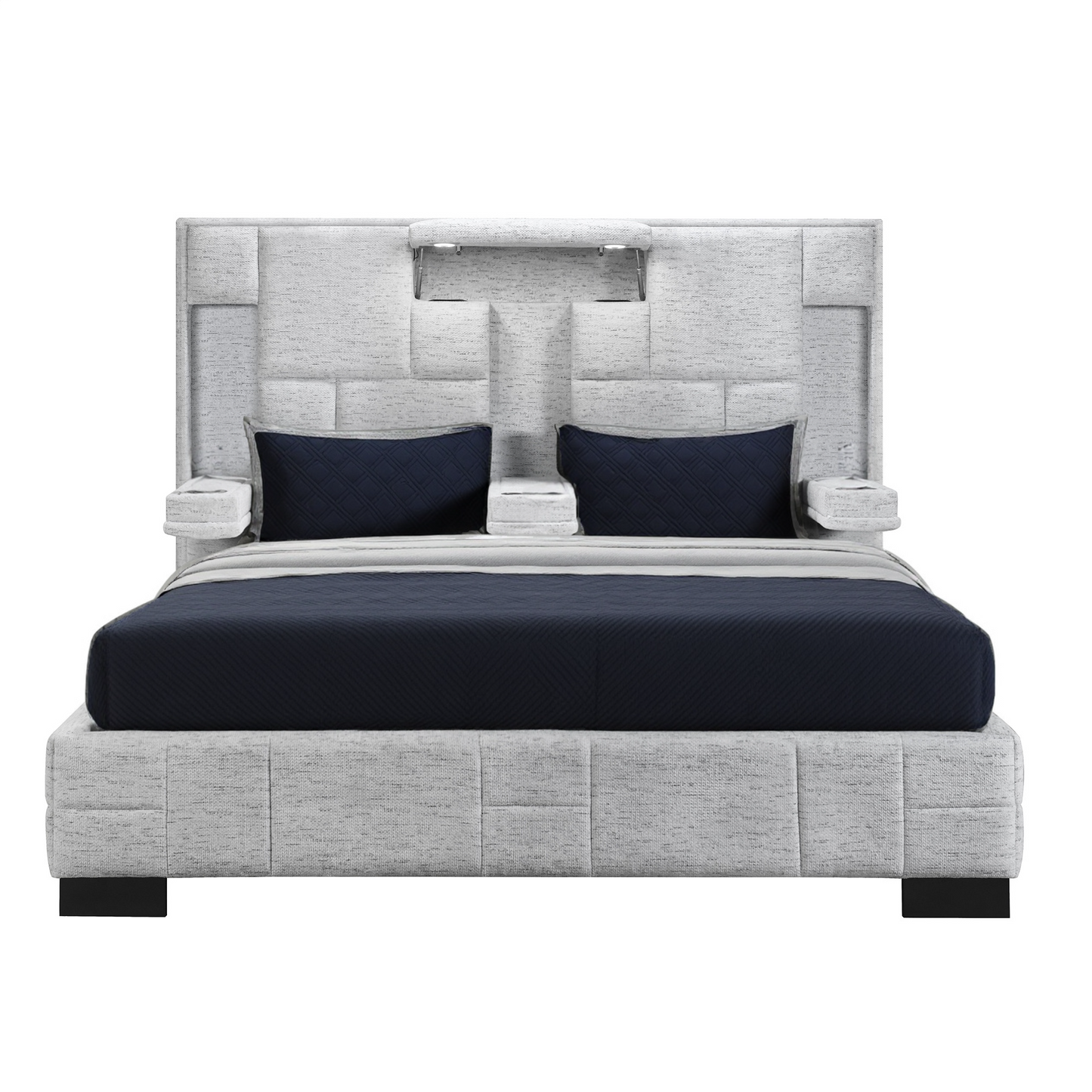 Black and Gray And Upholstered Lighted Queen Bed Frame with USB