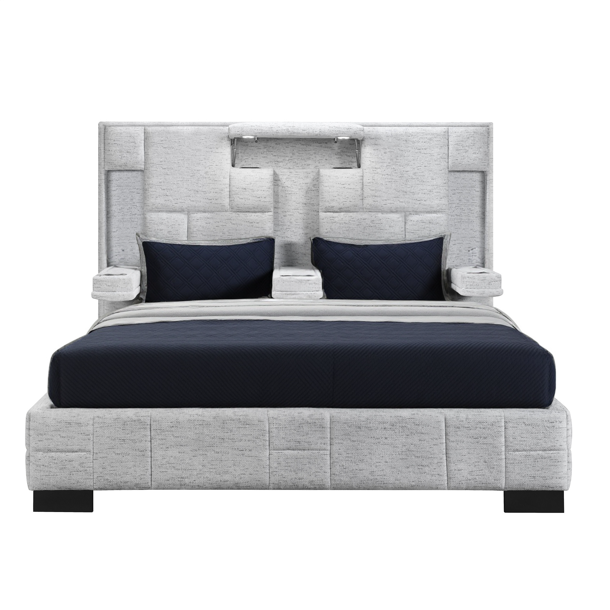 Black and Gray And Upholstered Lighted Queen Bed Frame with USB