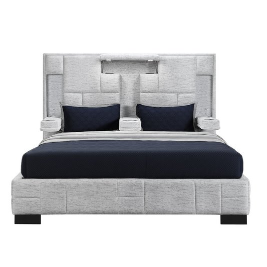 Black and Gray And Upholstered Lighted Queen Bed Frame with USB