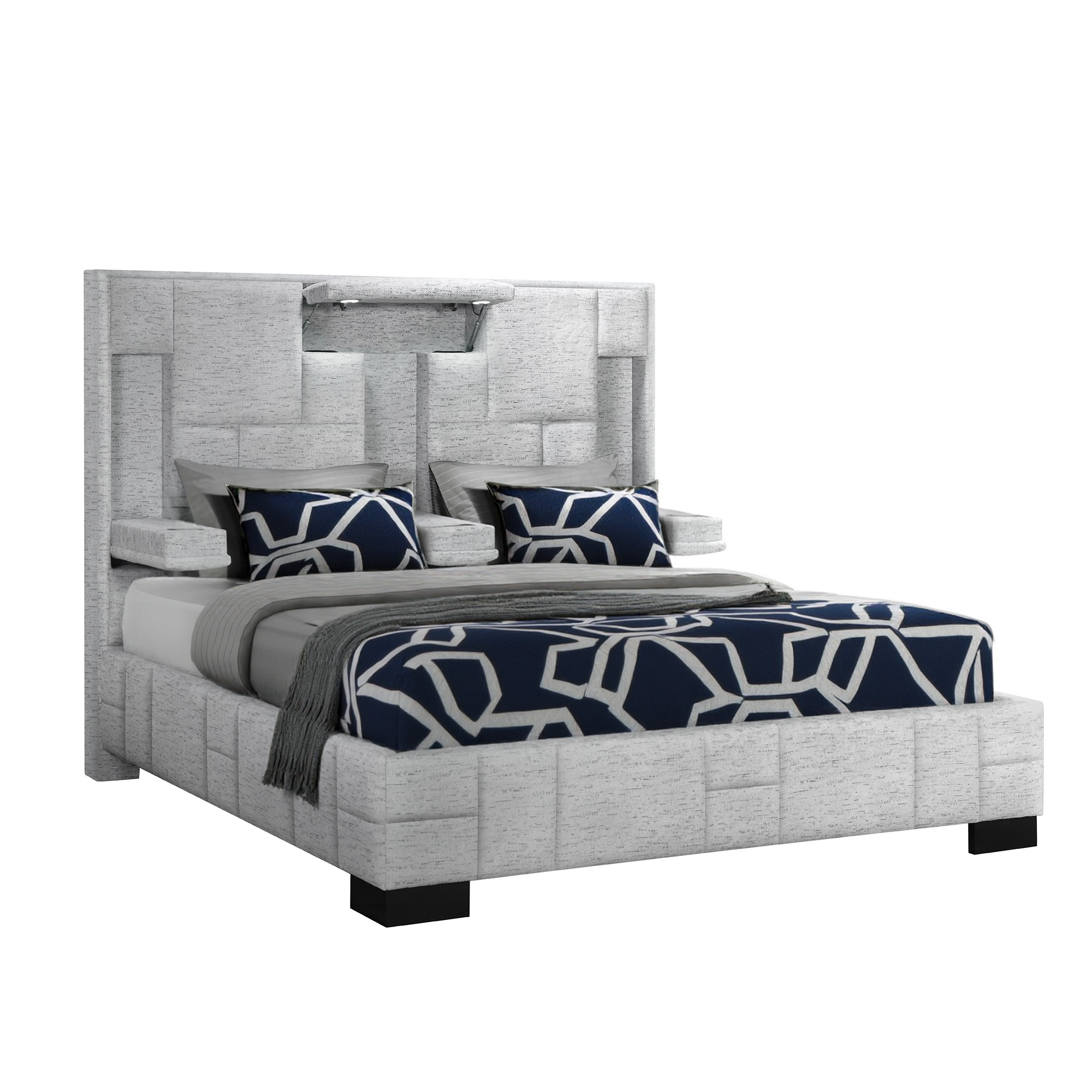 Black and Gray And Upholstered Lighted Queen Bed Frame with USB