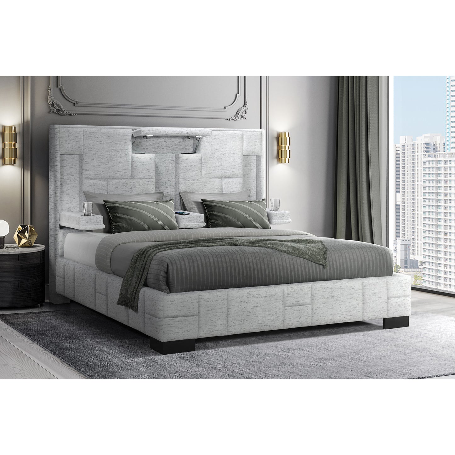Black and Gray And Upholstered Lighted Queen Bed Frame with USB