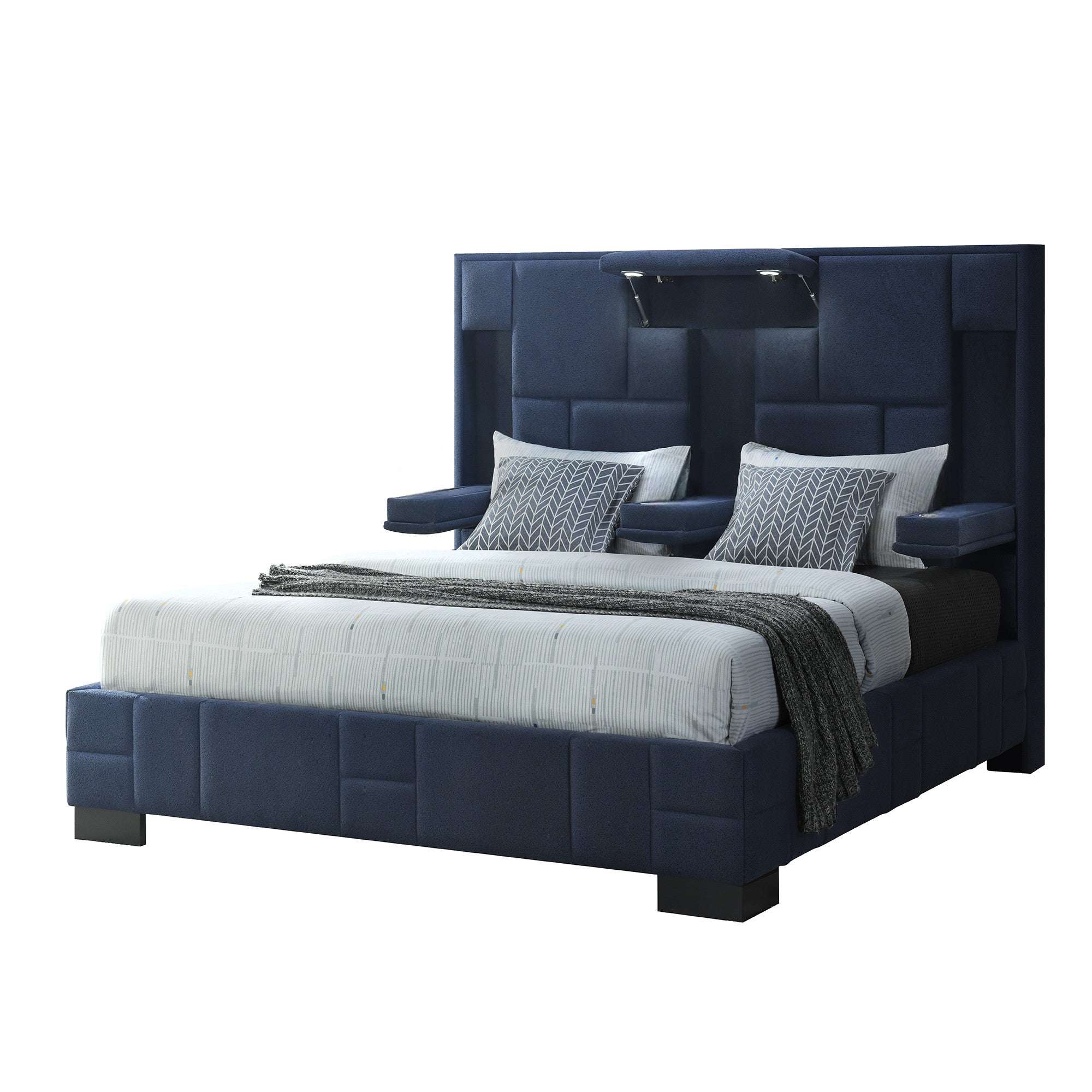 Navy Blue Tufted Upholstered Lighted King Bed Frame