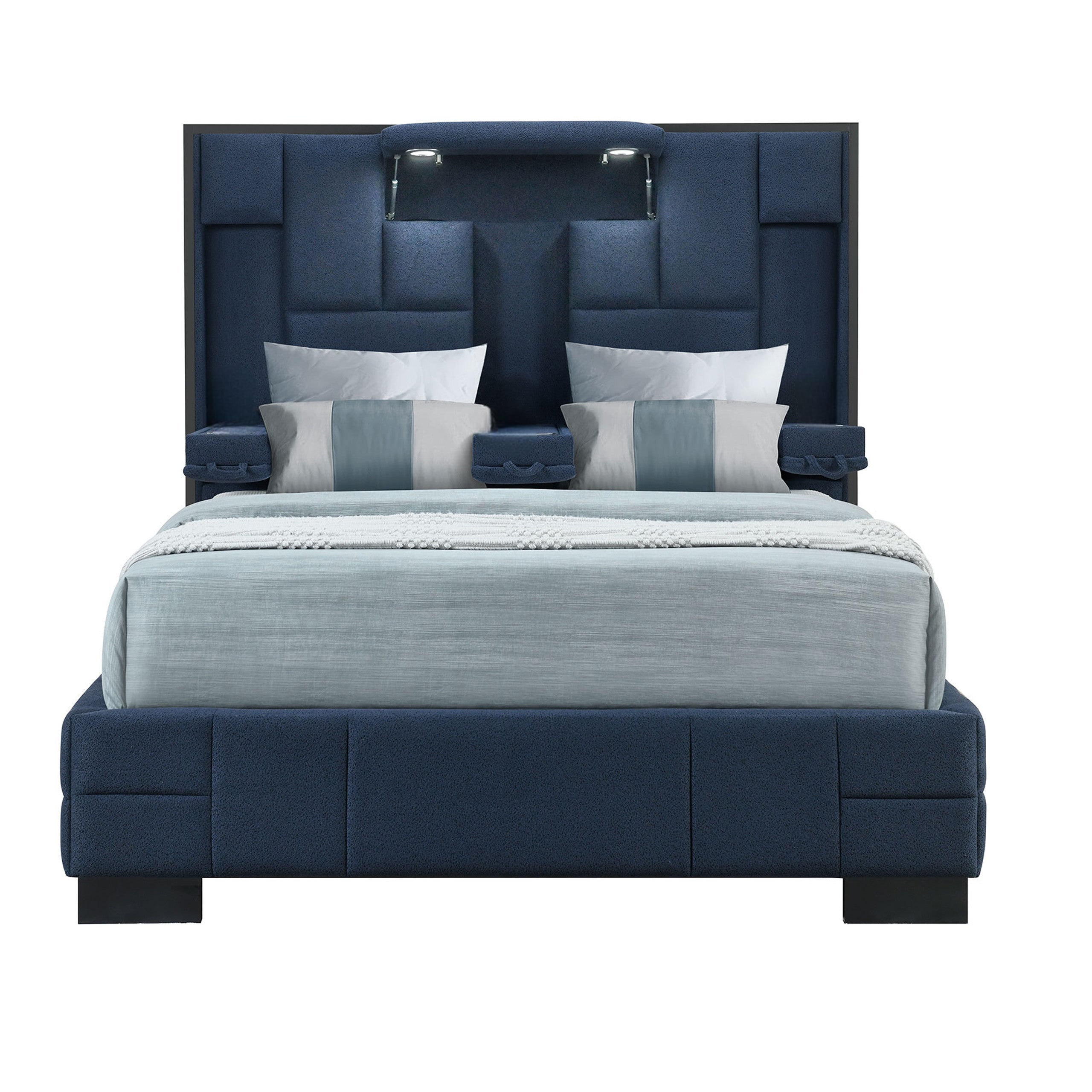 Navy Blue Tufted Upholstered Lighted King Bed Frame