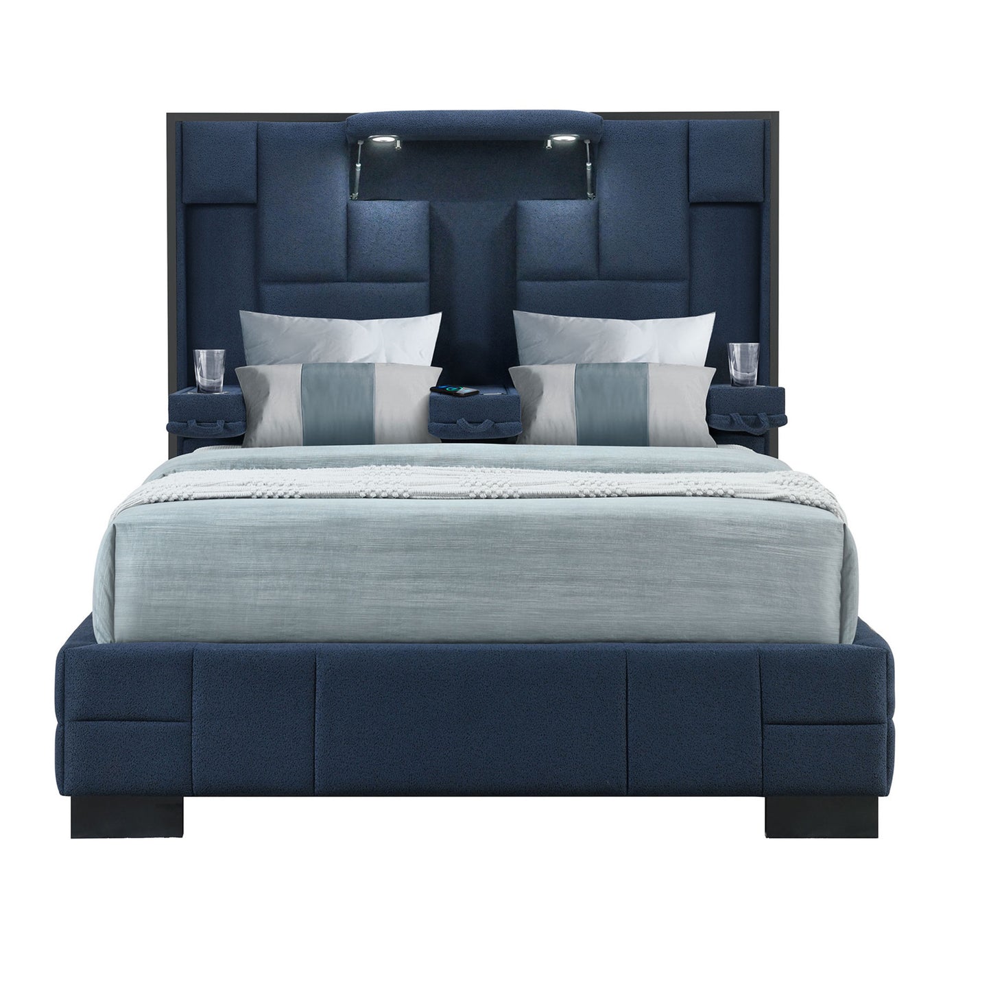 Navy Blue And Upholstered Lighted Queen Bed Frame with USB