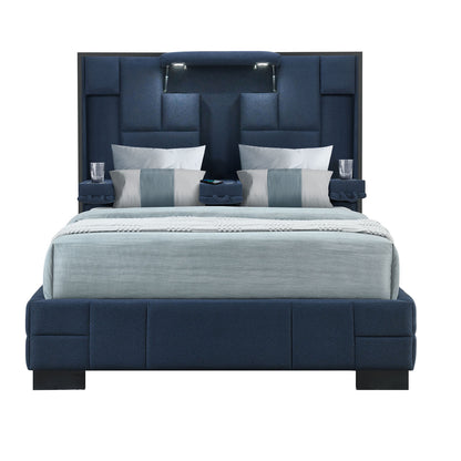 Navy Blue And Upholstered Lighted Queen Bed Frame with USB