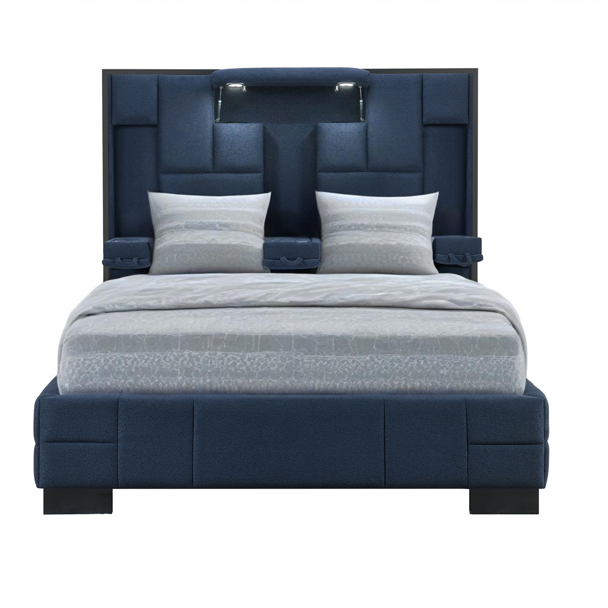Navy Blue And Upholstered Lighted Queen Bed Frame with USB