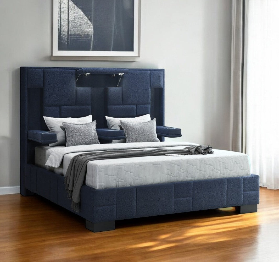 Navy Blue And Upholstered Lighted Queen Bed Frame with USB