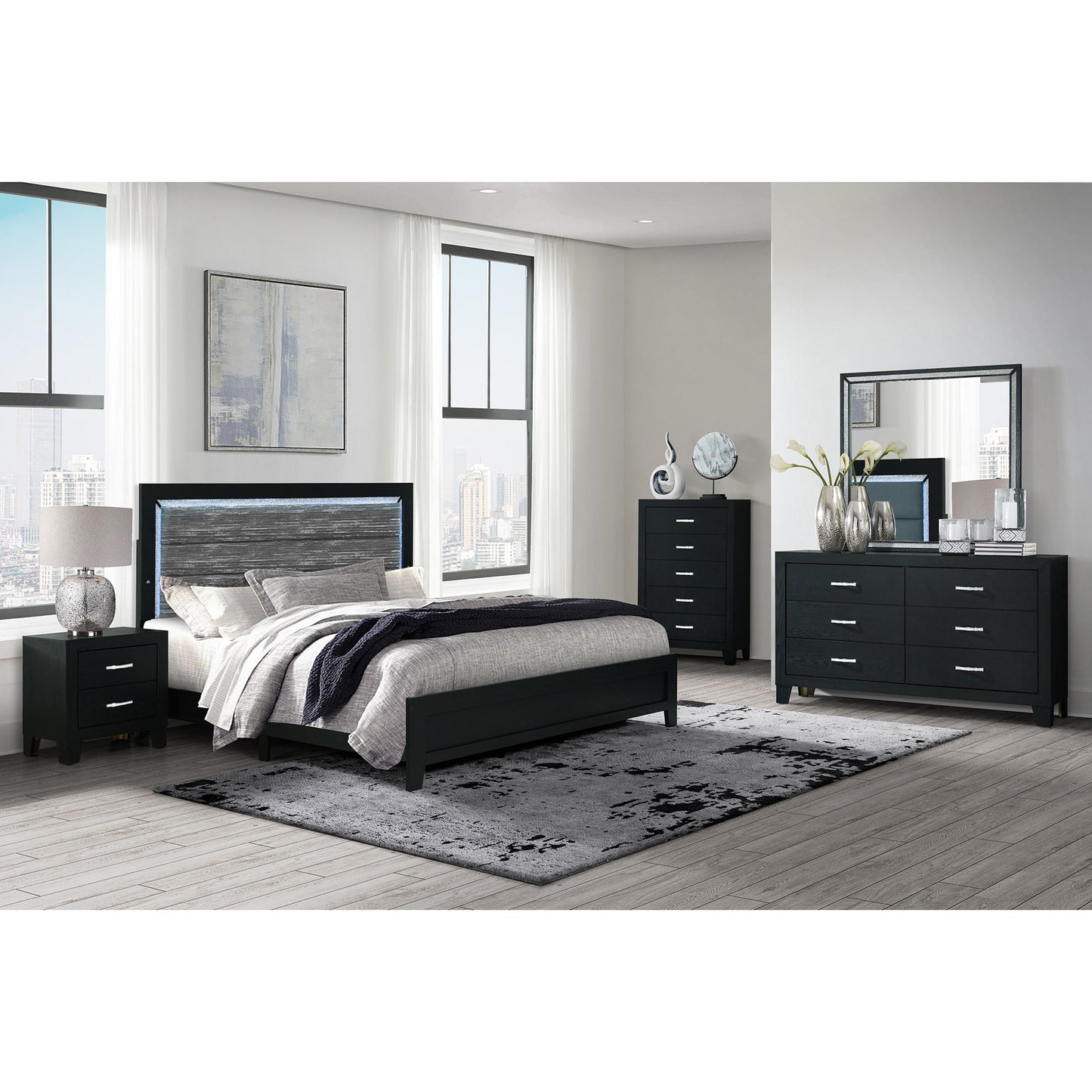 Black and Gray Wood And Velvet Lighted King Bed Frame