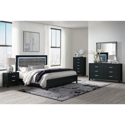 Black and Gray Wood And Velvet Lighted King Bed Frame