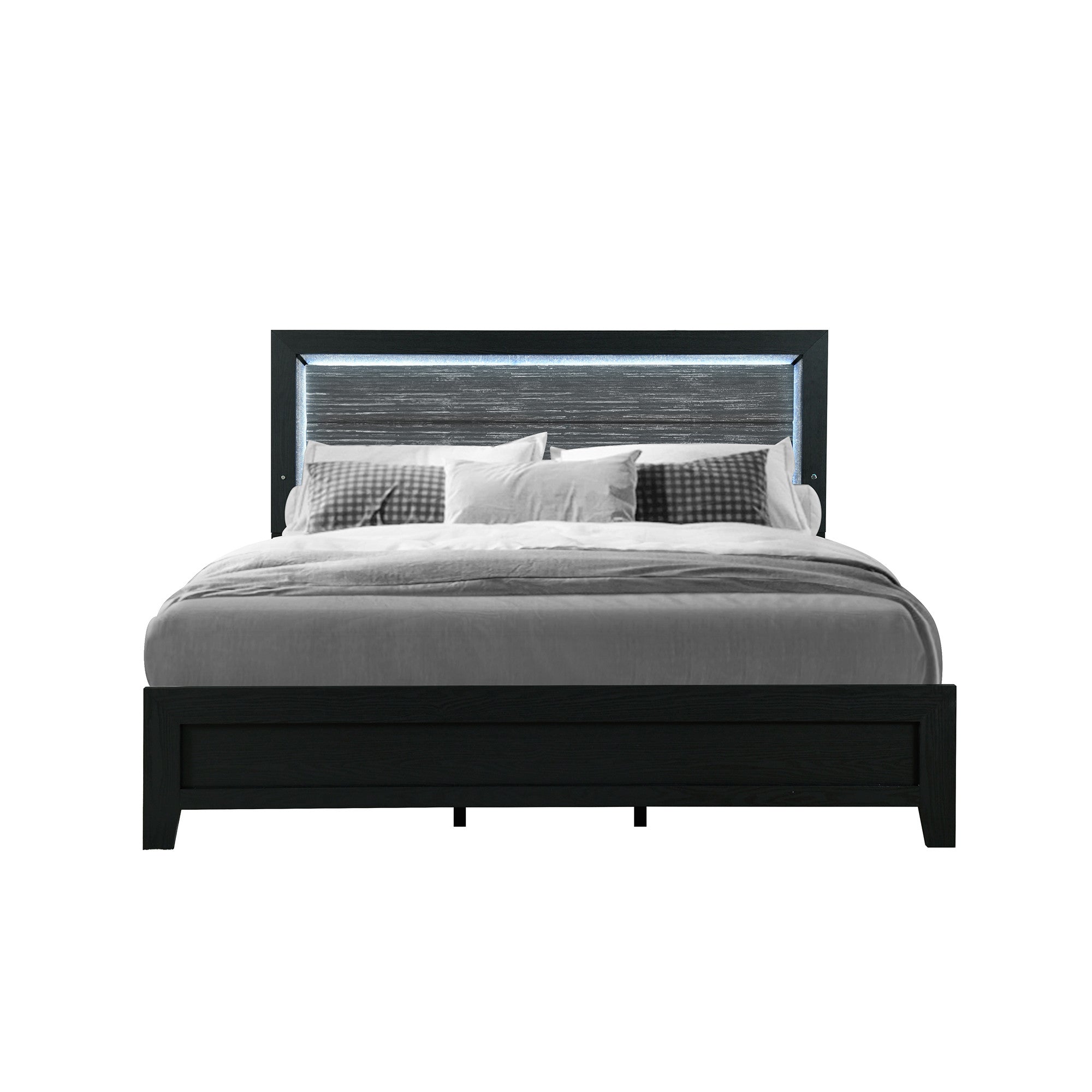 Black and Gray Wood And Velvet Lighted King Bed Frame