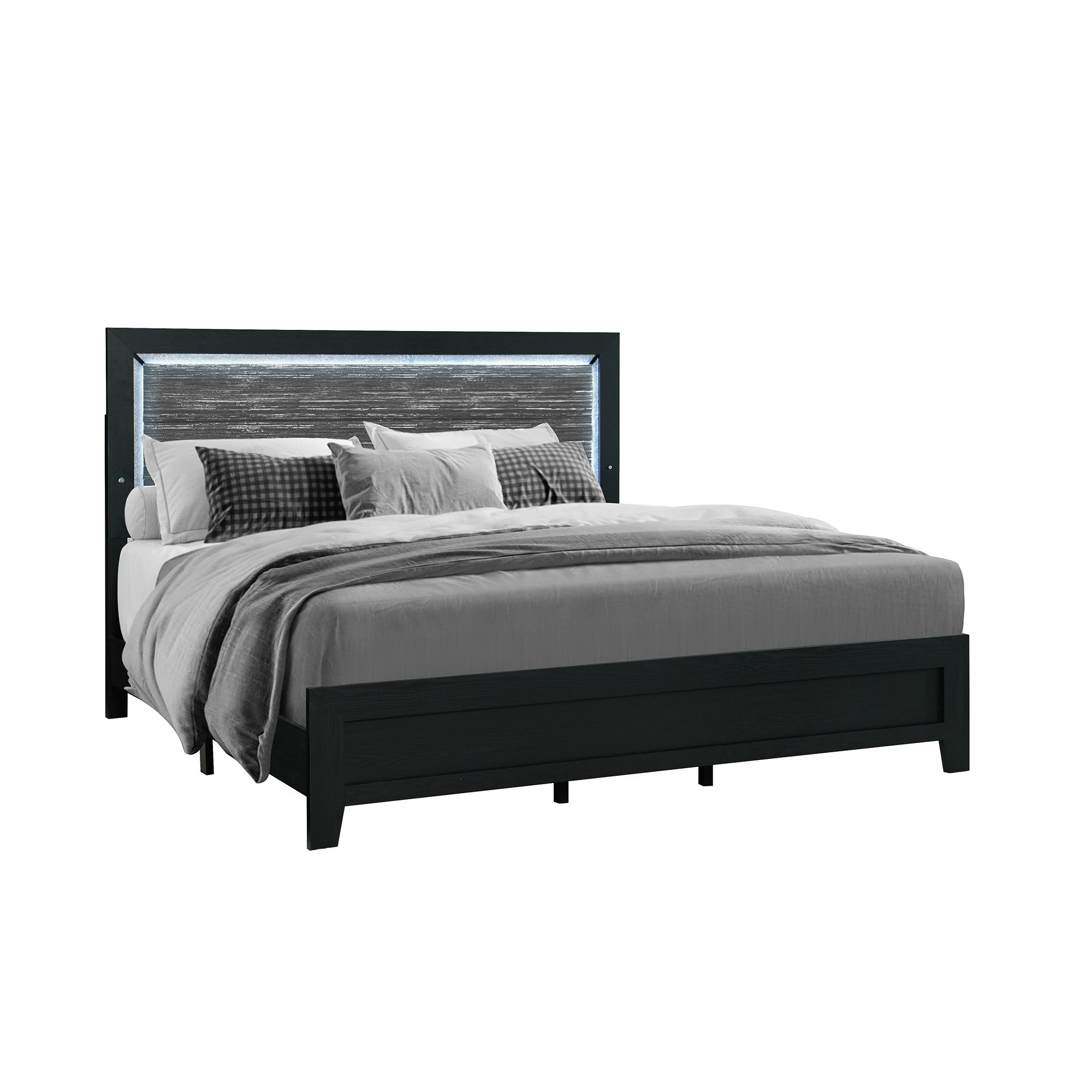 Black and Gray Wood And Velvet Lighted King Bed Frame