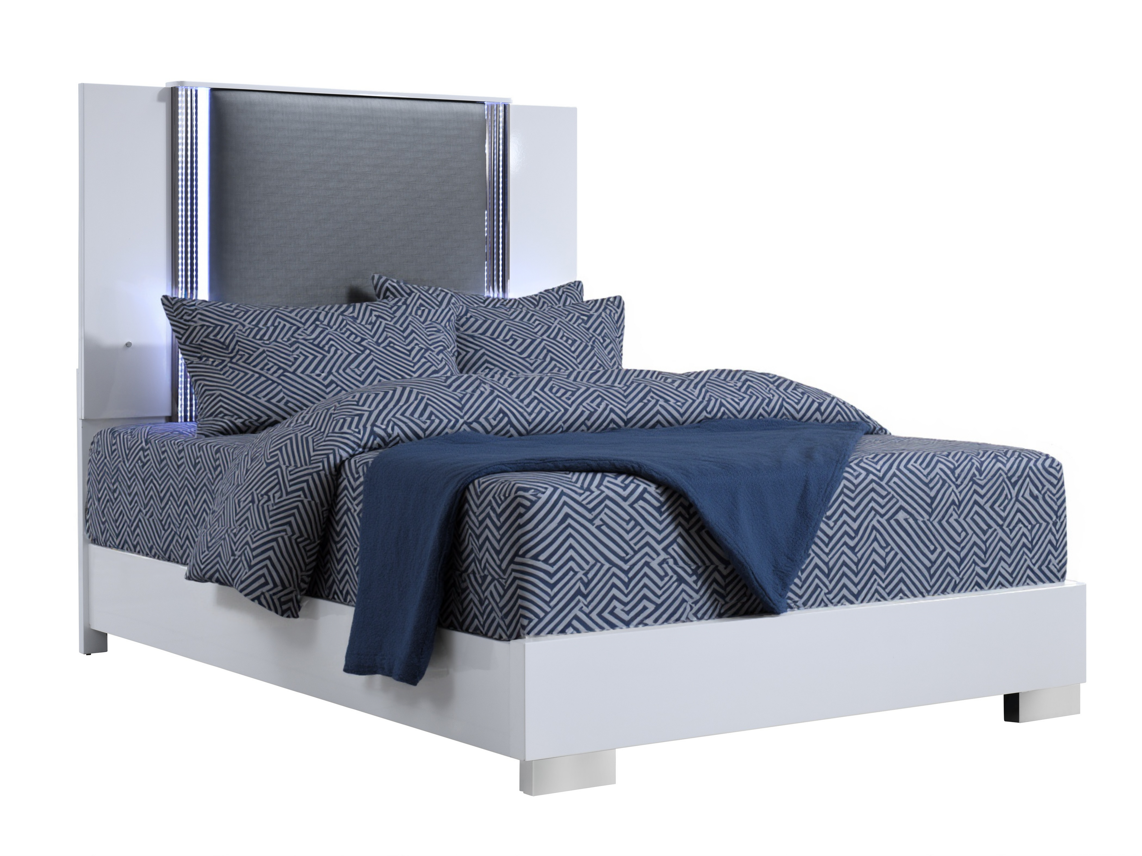 White and Gray Wood And Faux Leather Lighted Queen Bed Frame