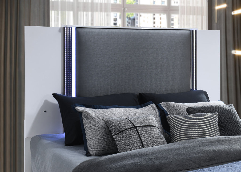 White and Gray Wood And Faux Leather Lighted Queen Bed Frame