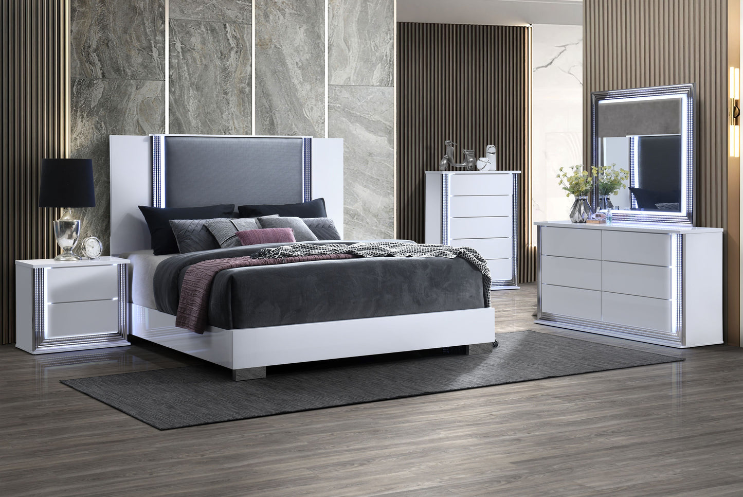 White and Gray Wood And Faux Leather Lighted Queen Bed Frame