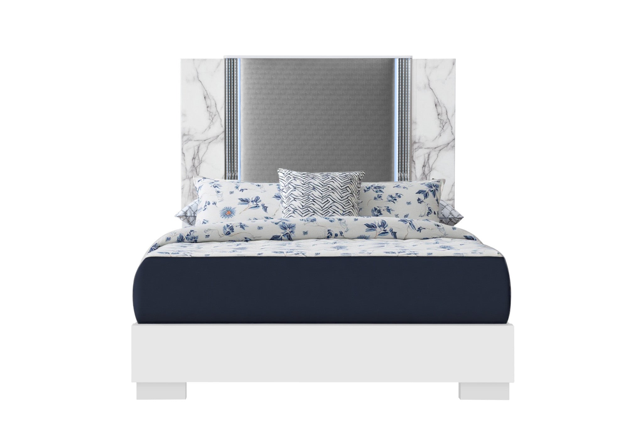 White and Gray Wood And Faux Leather Lighted King Bed Frame