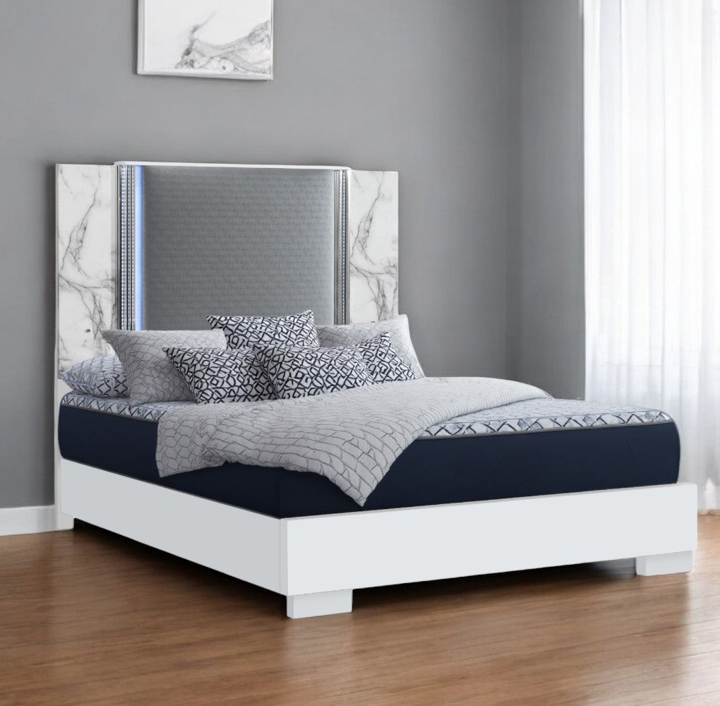 White and Gray Wood And Faux Leather Lighted King Bed Frame