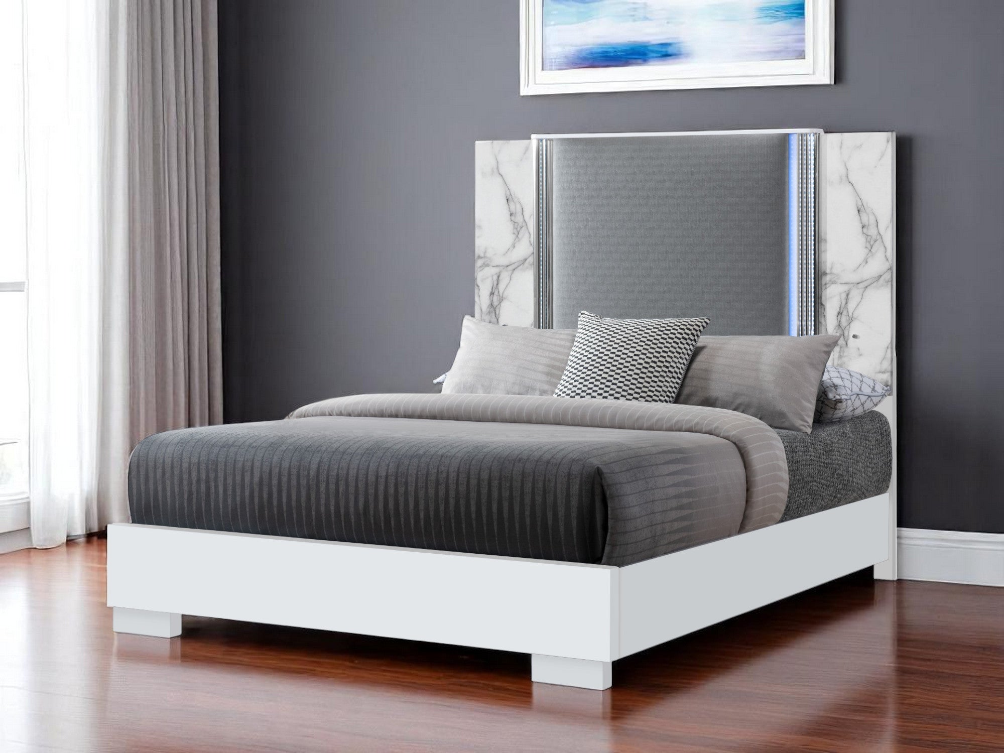 White and Gray Faux Marble And Upholstery Lighted Queen Bed Frame