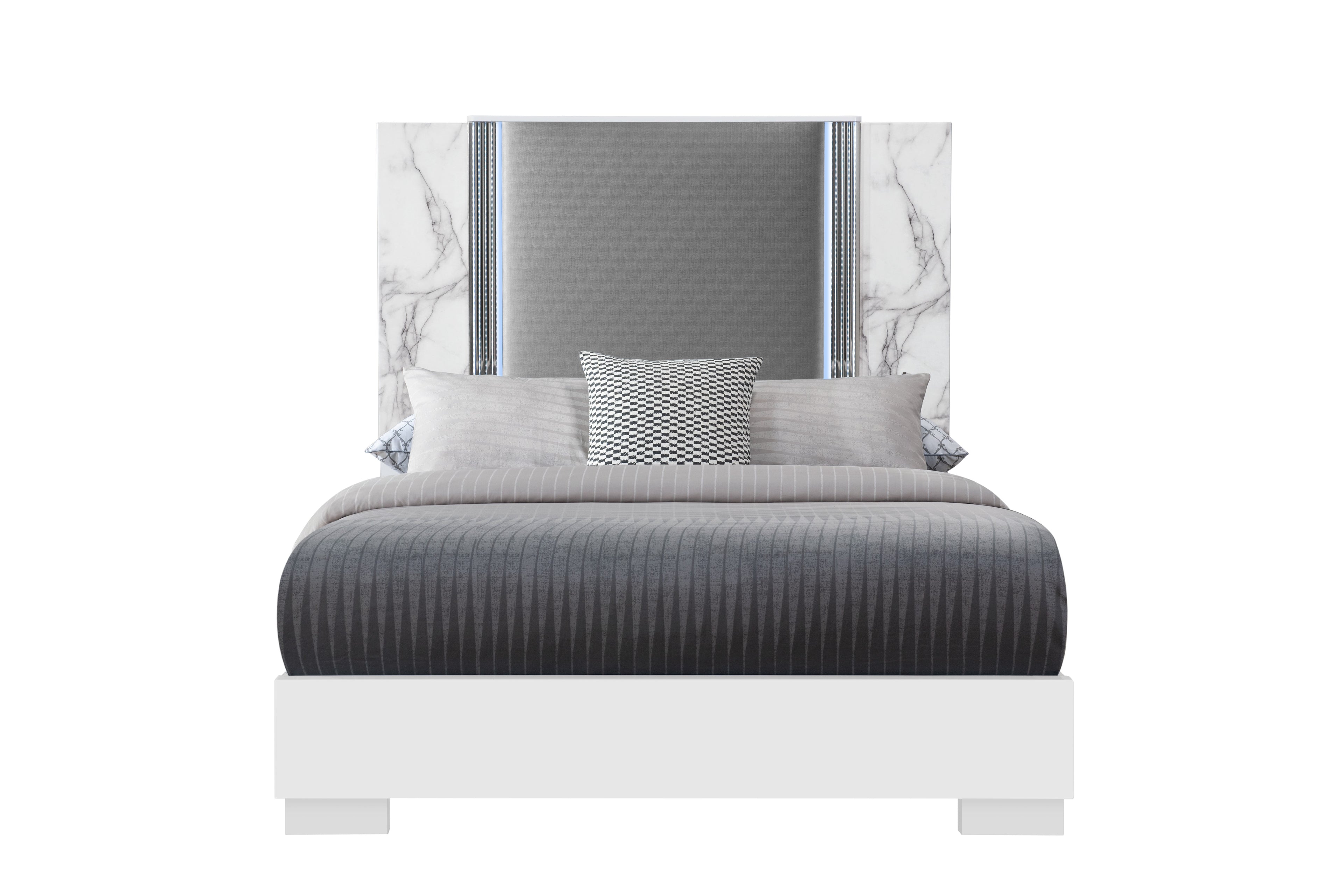 White and Gray Faux Marble And Upholstery Lighted Queen Bed Frame