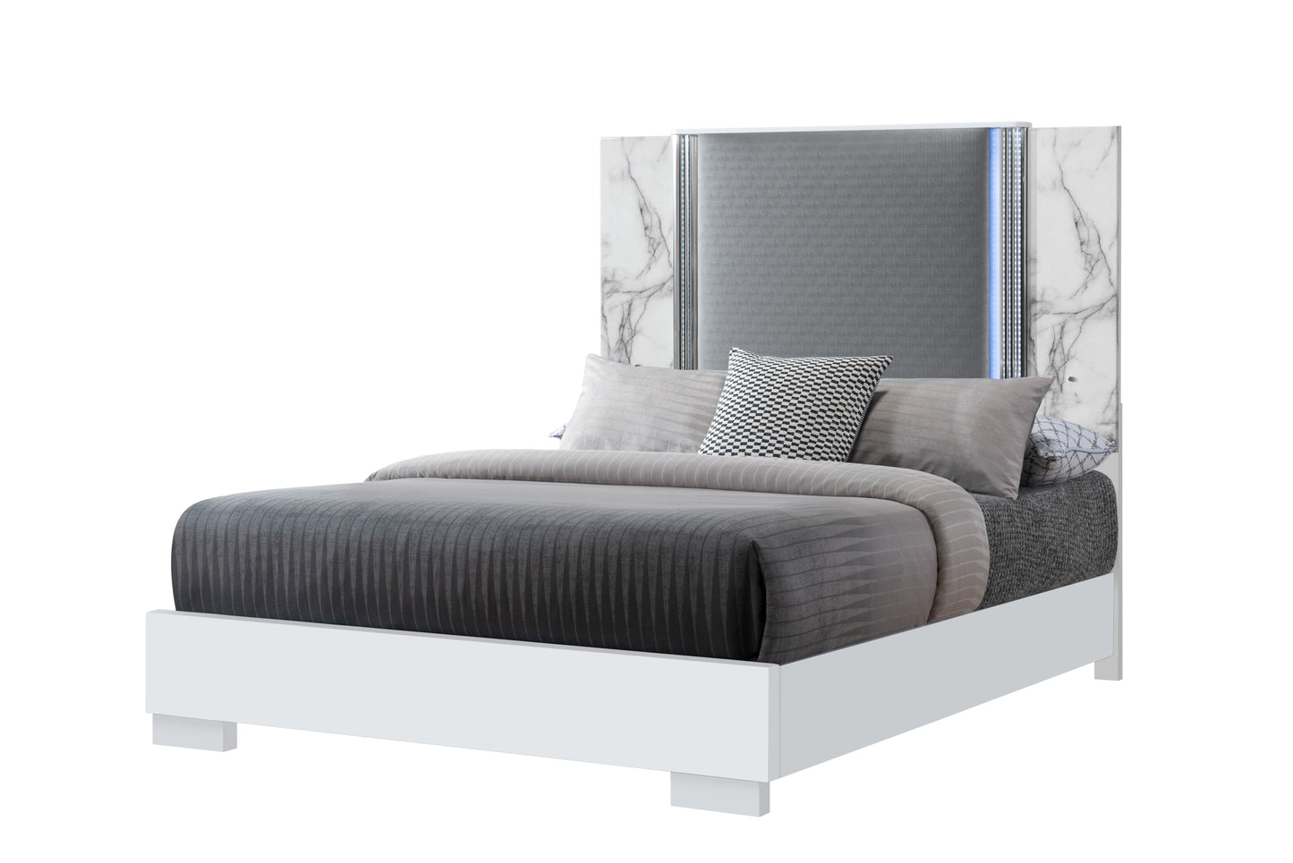 White and Gray Faux Marble And Upholstery Lighted Queen Bed Frame