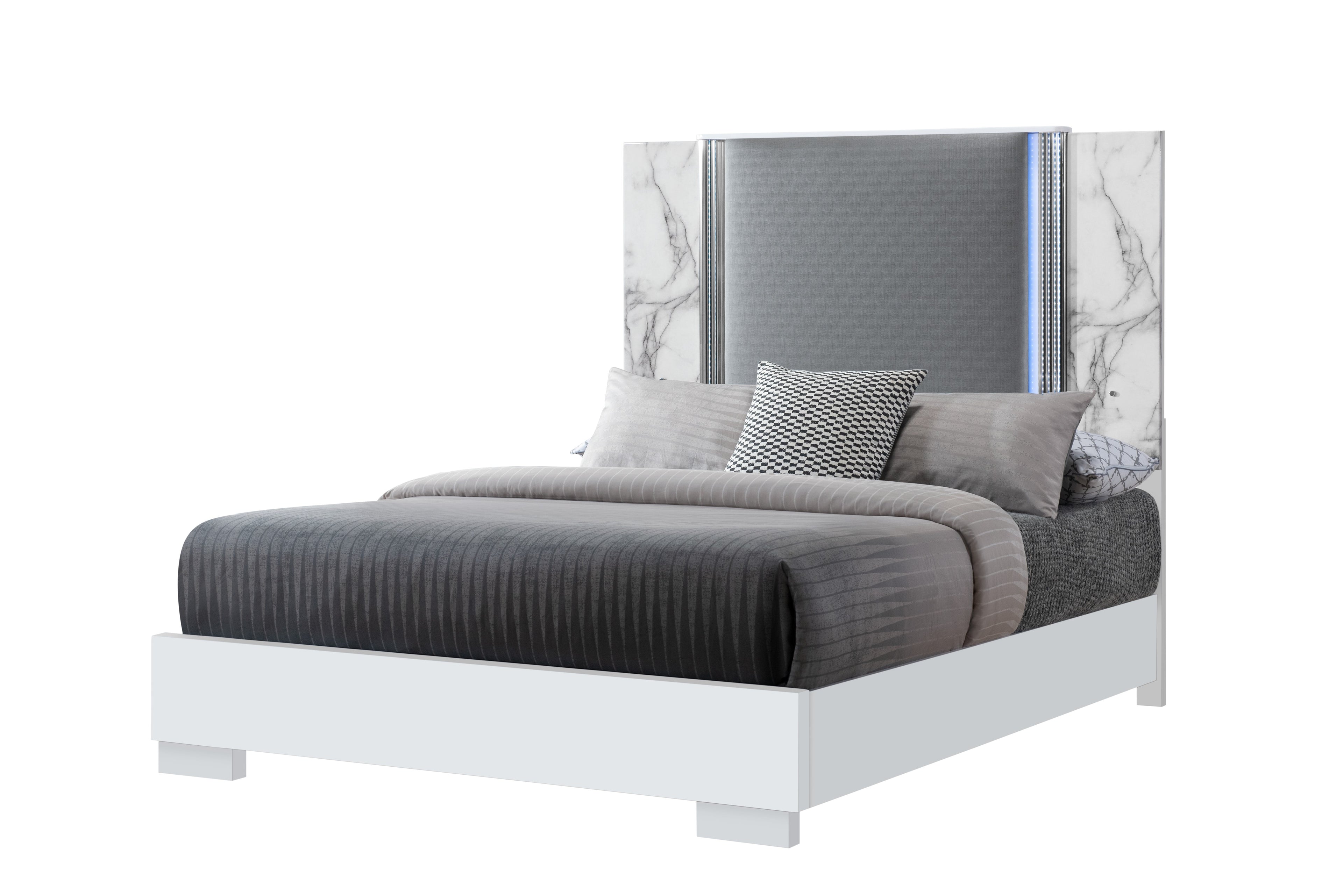 White and Gray Faux Marble And Upholstery Lighted Queen Bed Frame