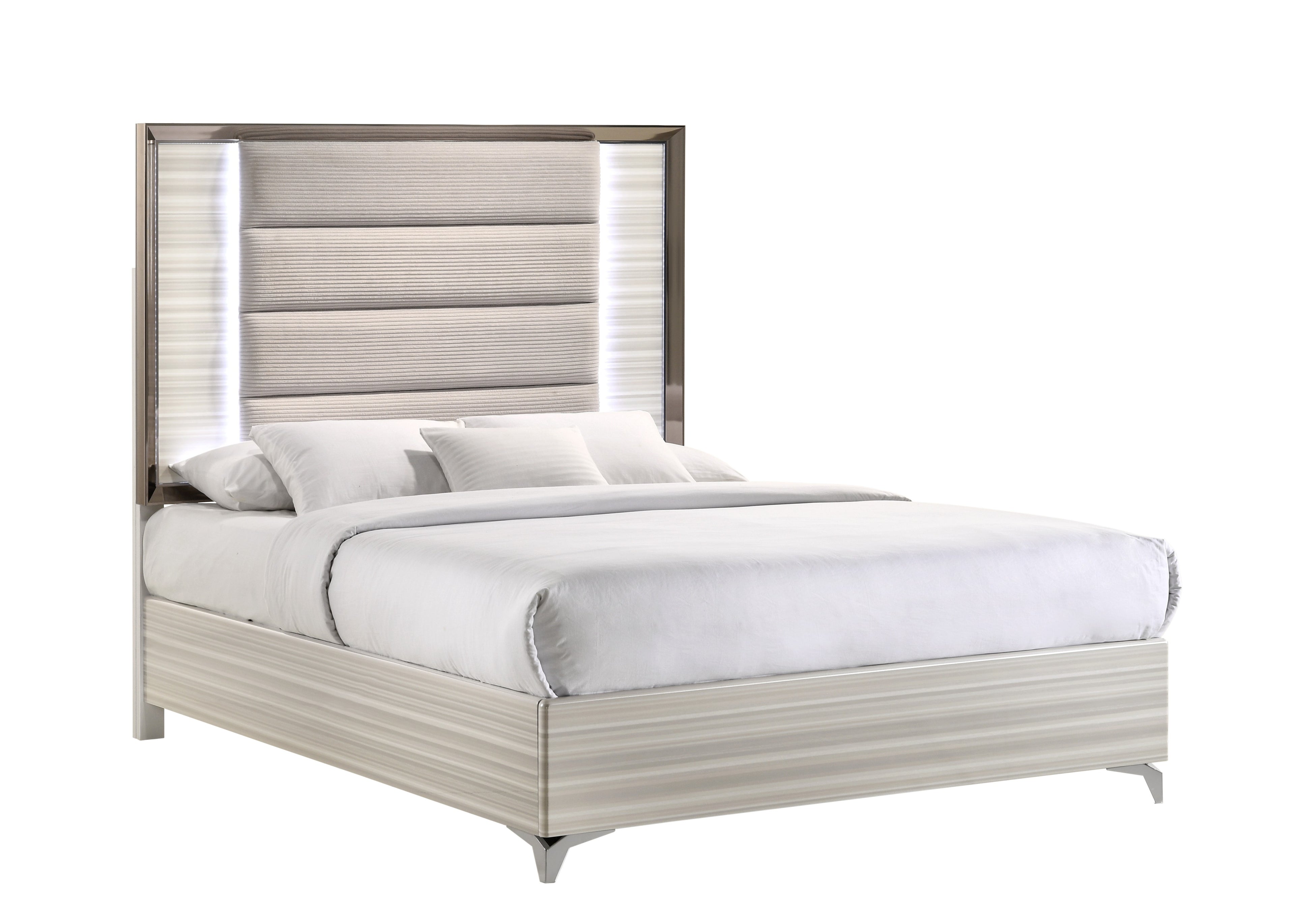 Beige White And Chrome Wood Upholstered Lighted King Bed Frame