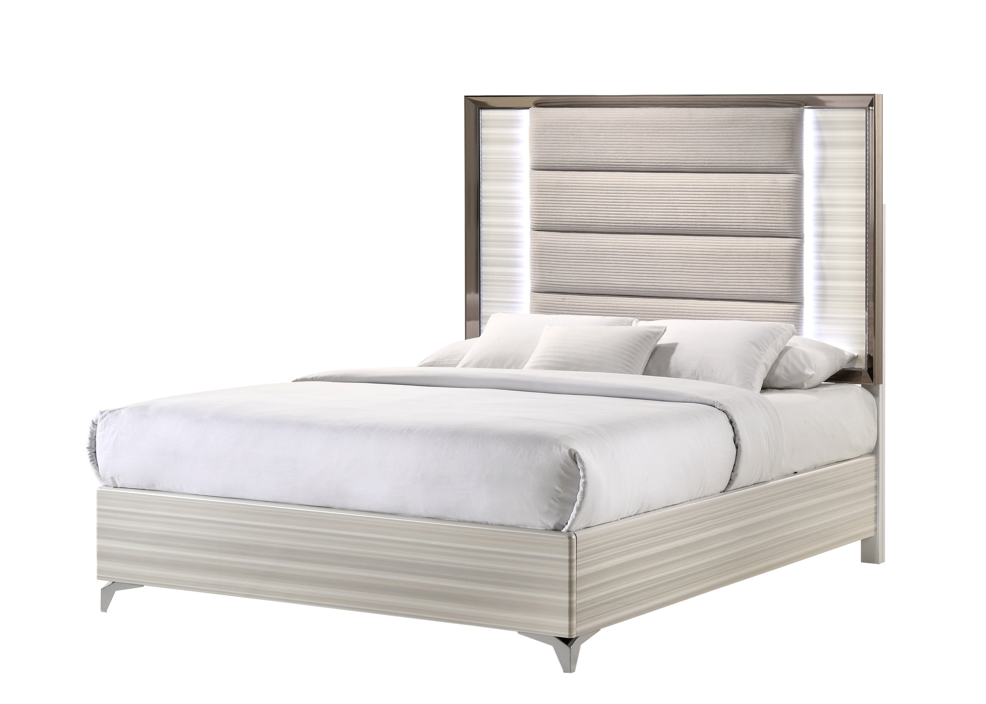 Beige White And Chrome Wood Upholstered Lighted King Bed Frame