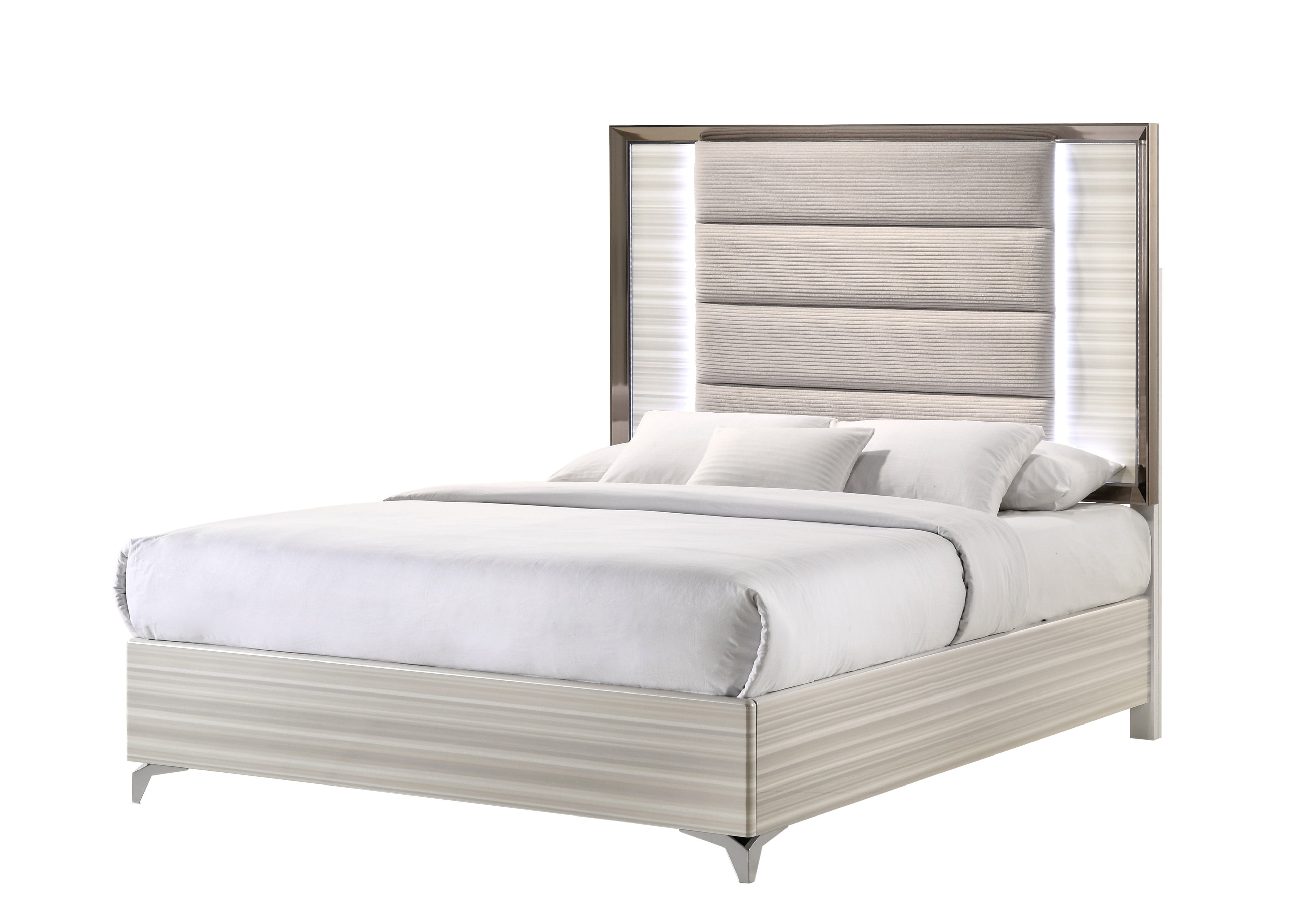 Beige White And Chrome Wood Upholstered Lighted King Bed Frame