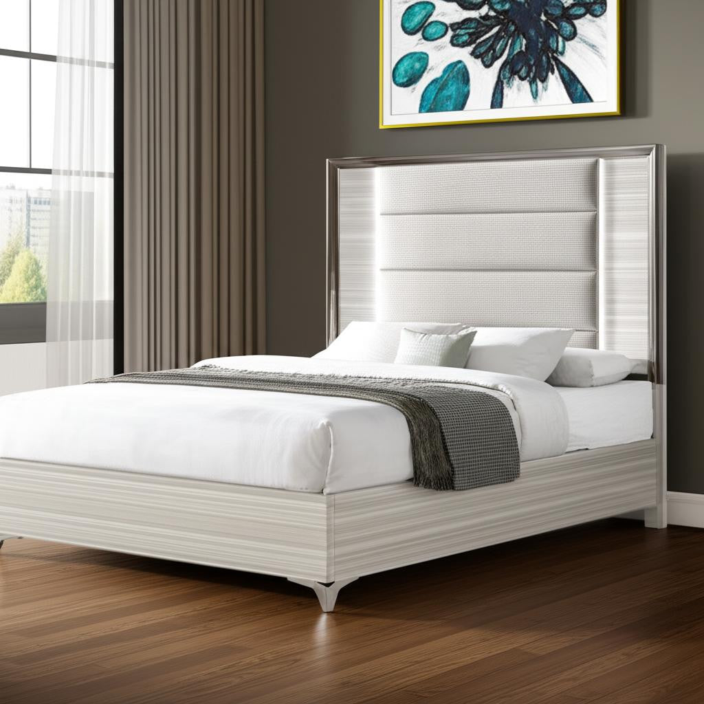 Beige White And Chrome Wood Upholstered Lighted King Bed Frame