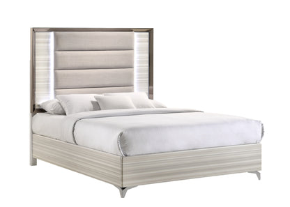Beige White And Chrome Wood Upholstered Lighted Queen Bed Frame