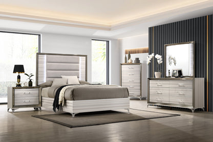 Beige White And Chrome Wood Upholstered Lighted Queen Bed Frame
