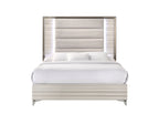 Beige White And Chrome Wood Upholstered Lighted Queen Bed Frame