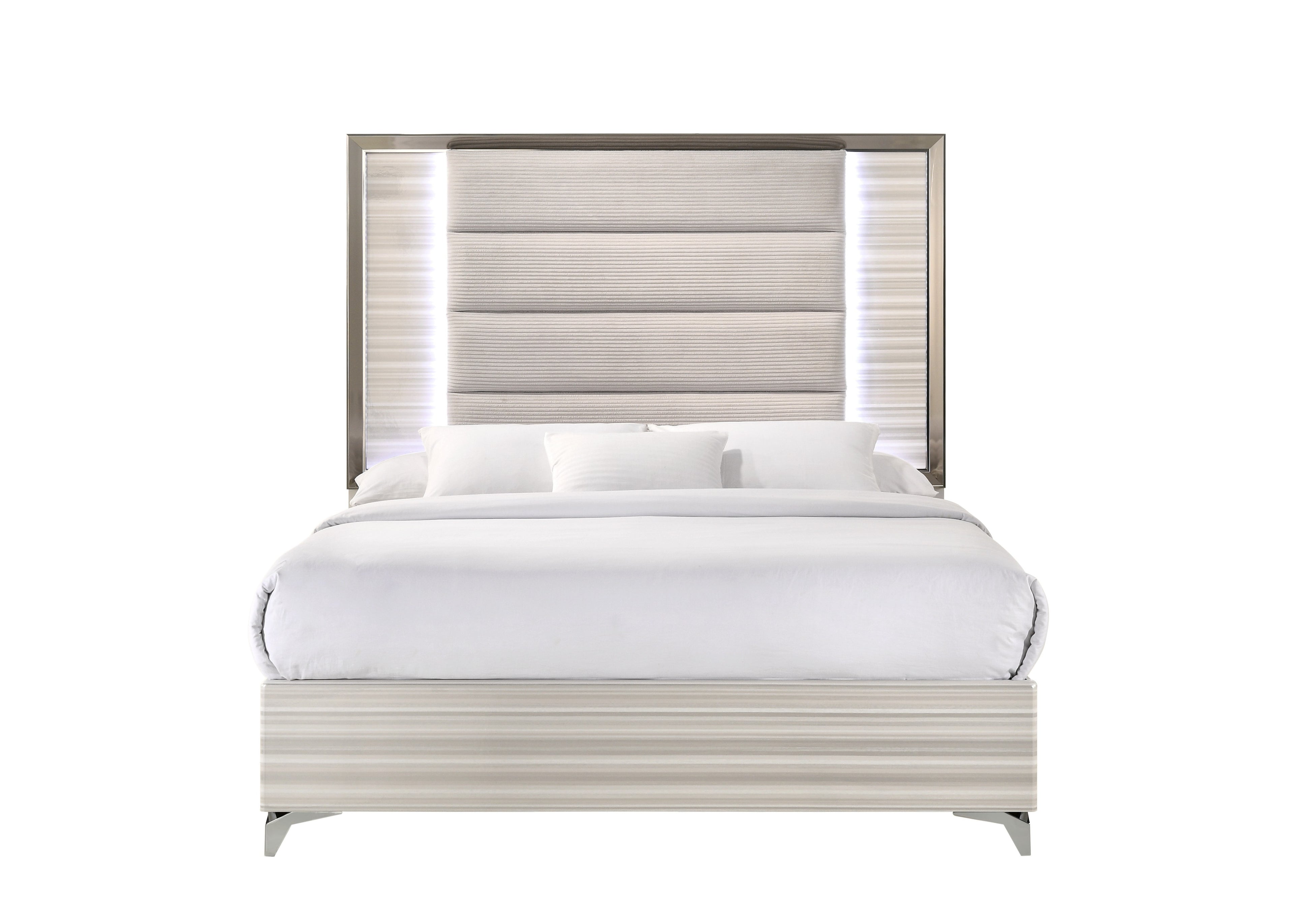 Beige White And Chrome Wood Upholstered Lighted Queen Bed Frame
