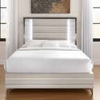Beige White And Chrome Wood Upholstered Lighted Queen Bed Frame