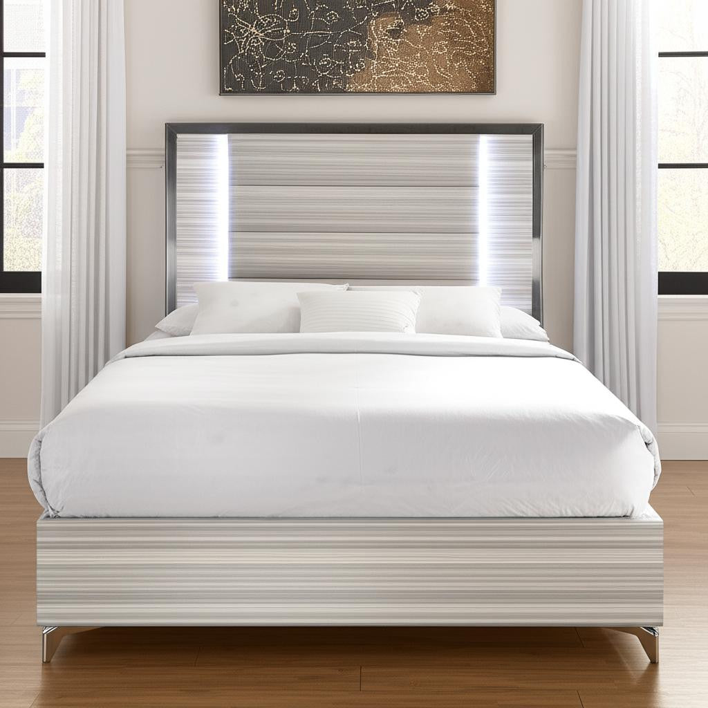 Beige White And Chrome Wood Upholstered Lighted Queen Bed Frame