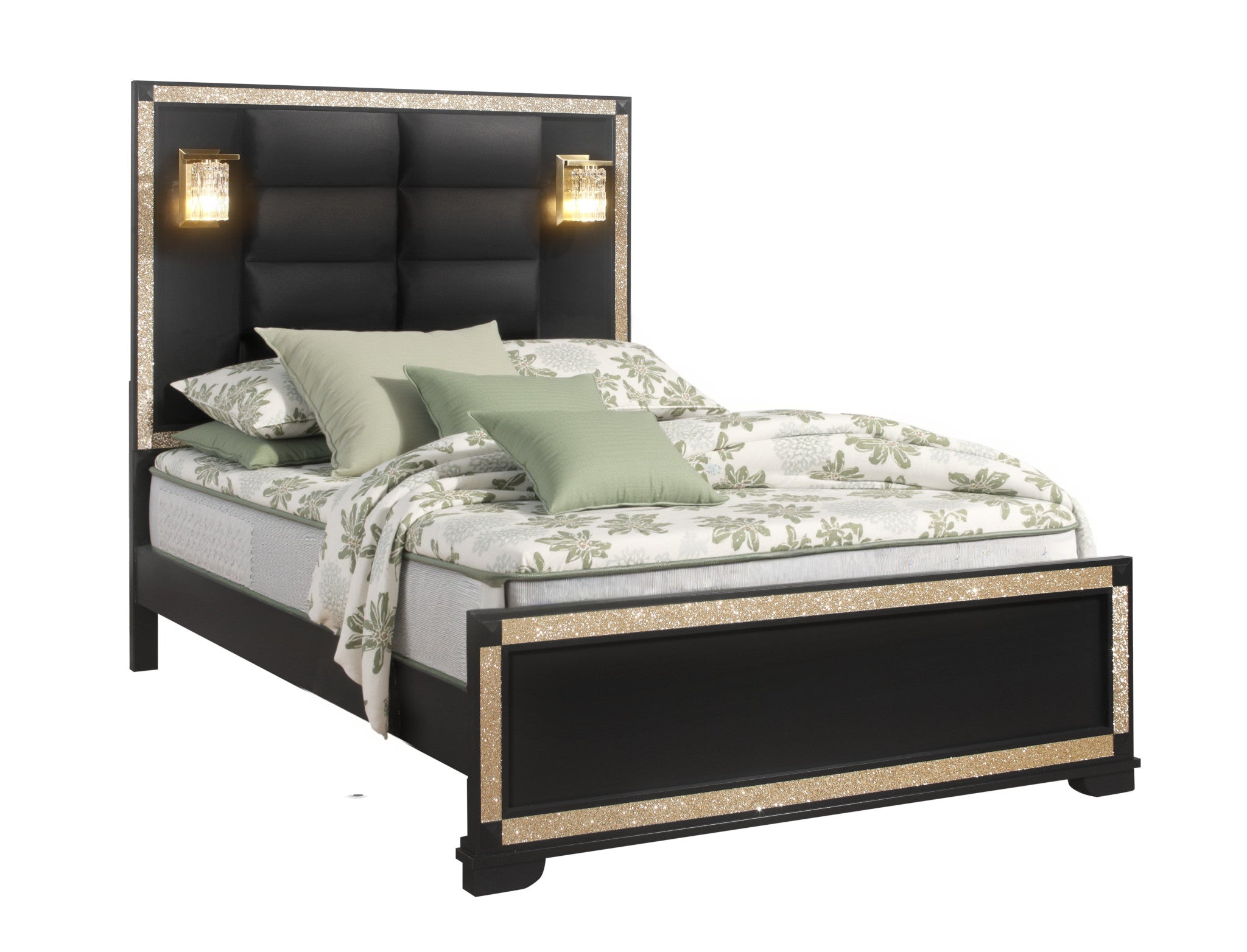Black And Gold Faux Crystal Bling Wood And Upholstery Lighted Full Bed Frame