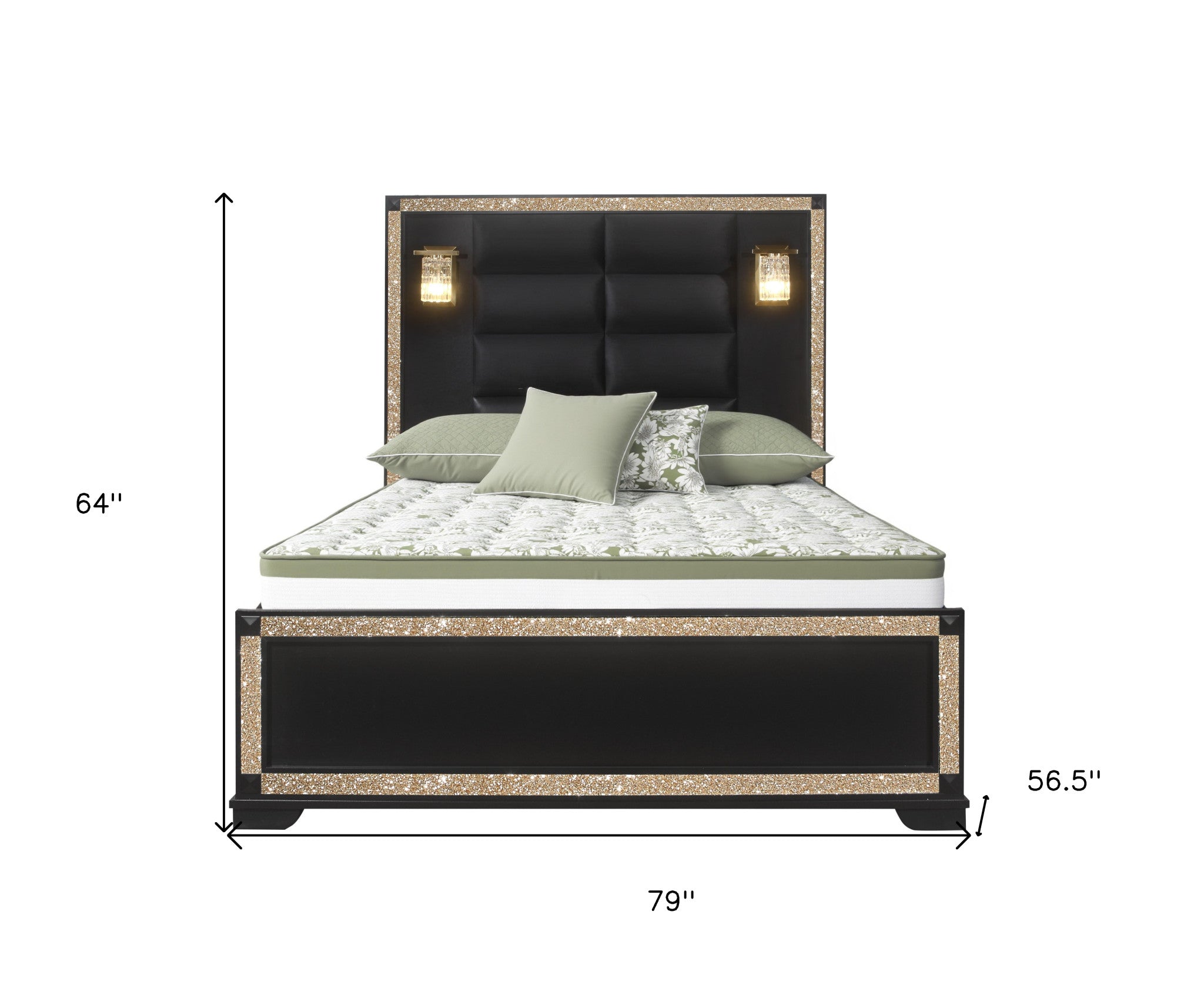 Black And Gold Faux Crystal Bling Wood And Upholstery Lighted Full Bed Frame