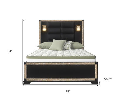 Black And Gold Faux Crystal Bling Wood And Upholstery Lighted Full Bed Frame