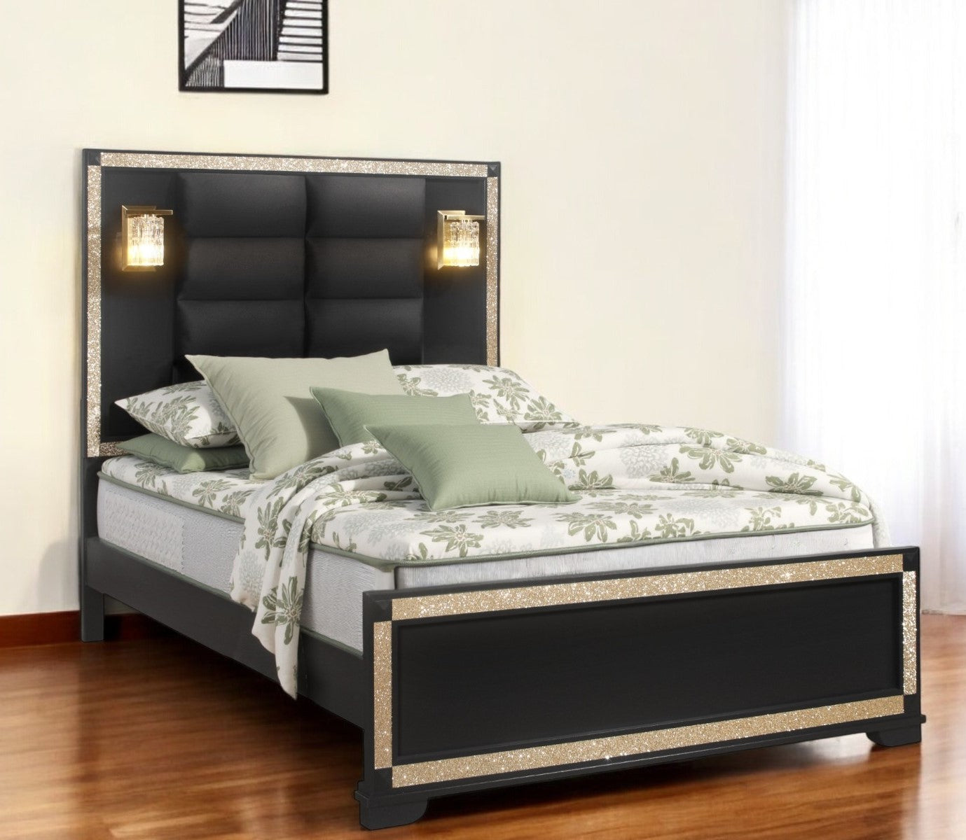 Black And Gold Faux Crystal Bling Wood And Upholstery Lighted Full Bed Frame