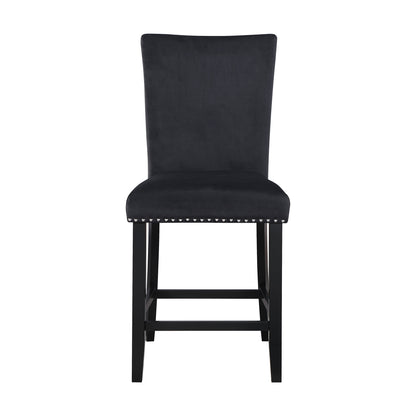 Set of Two 25" Black Wood and Velvet Counter Height Bar Chairs